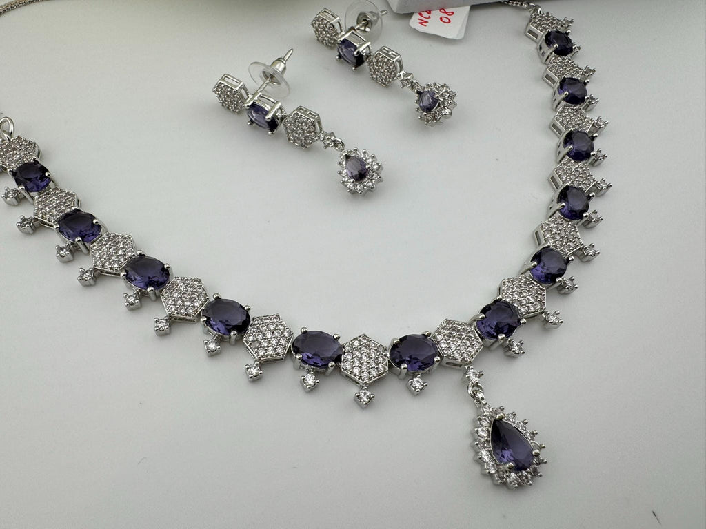 Premium Silver Polish American Diamond, Cubic Zirconia, glass stone Sleek Necklace set with long earrings