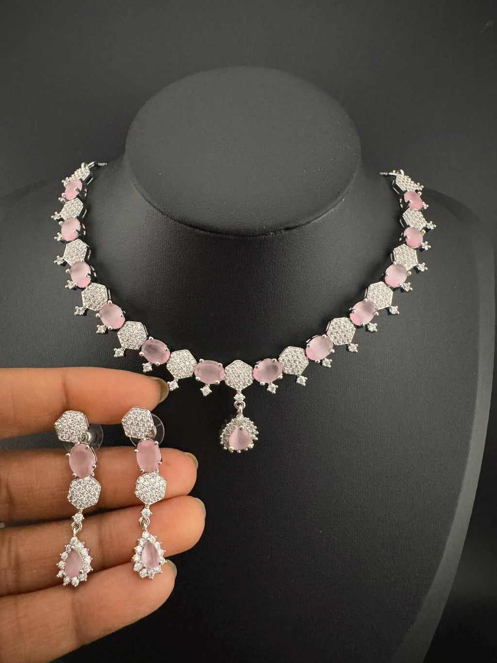 Premium Silver Polish American Diamond, Cubic Zirconia, glass stone Sleek Necklace set with long earrings