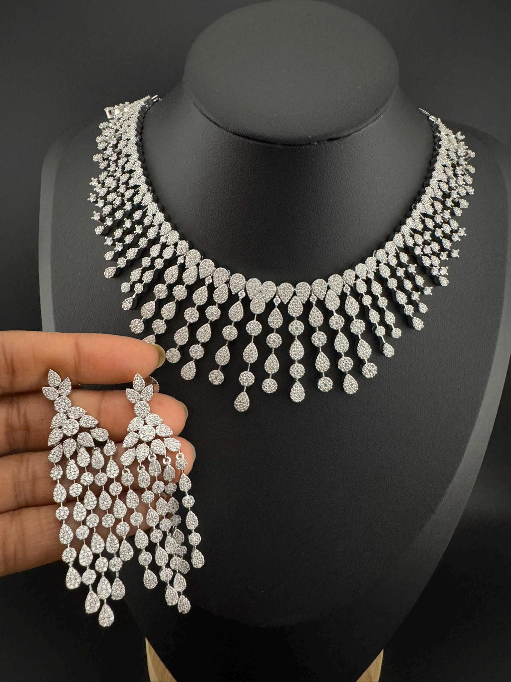 Unique Premium Victorian American Diamond, Cubic Zirconia Bridal Necklace with long earrings