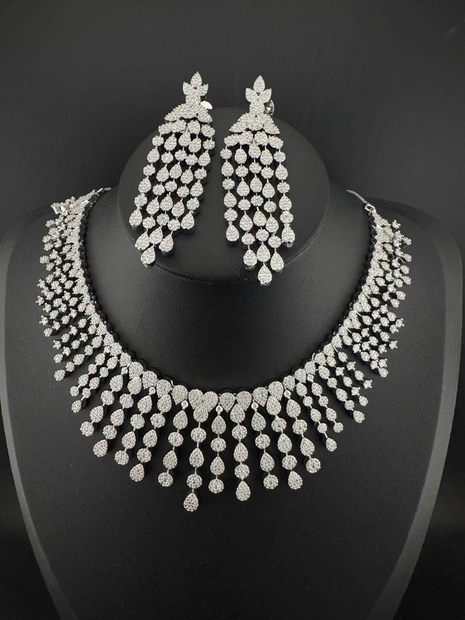 Unique Premium Victorian American Diamond, Cubic Zirconia Bridal Necklace with long earrings