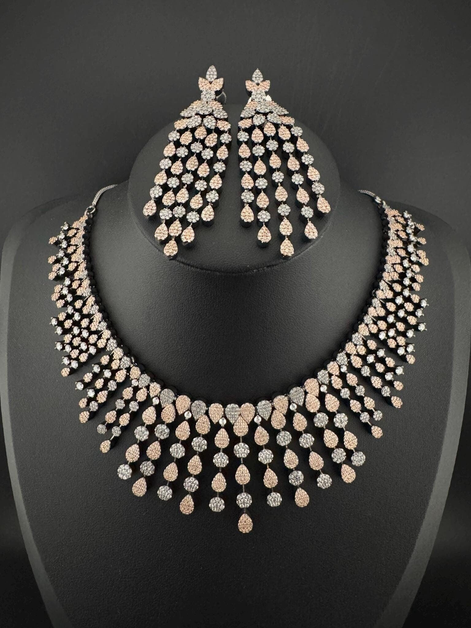 Unique Premium Victorian American Diamond, Cubic Zirconia Bridal Necklace with long earrings