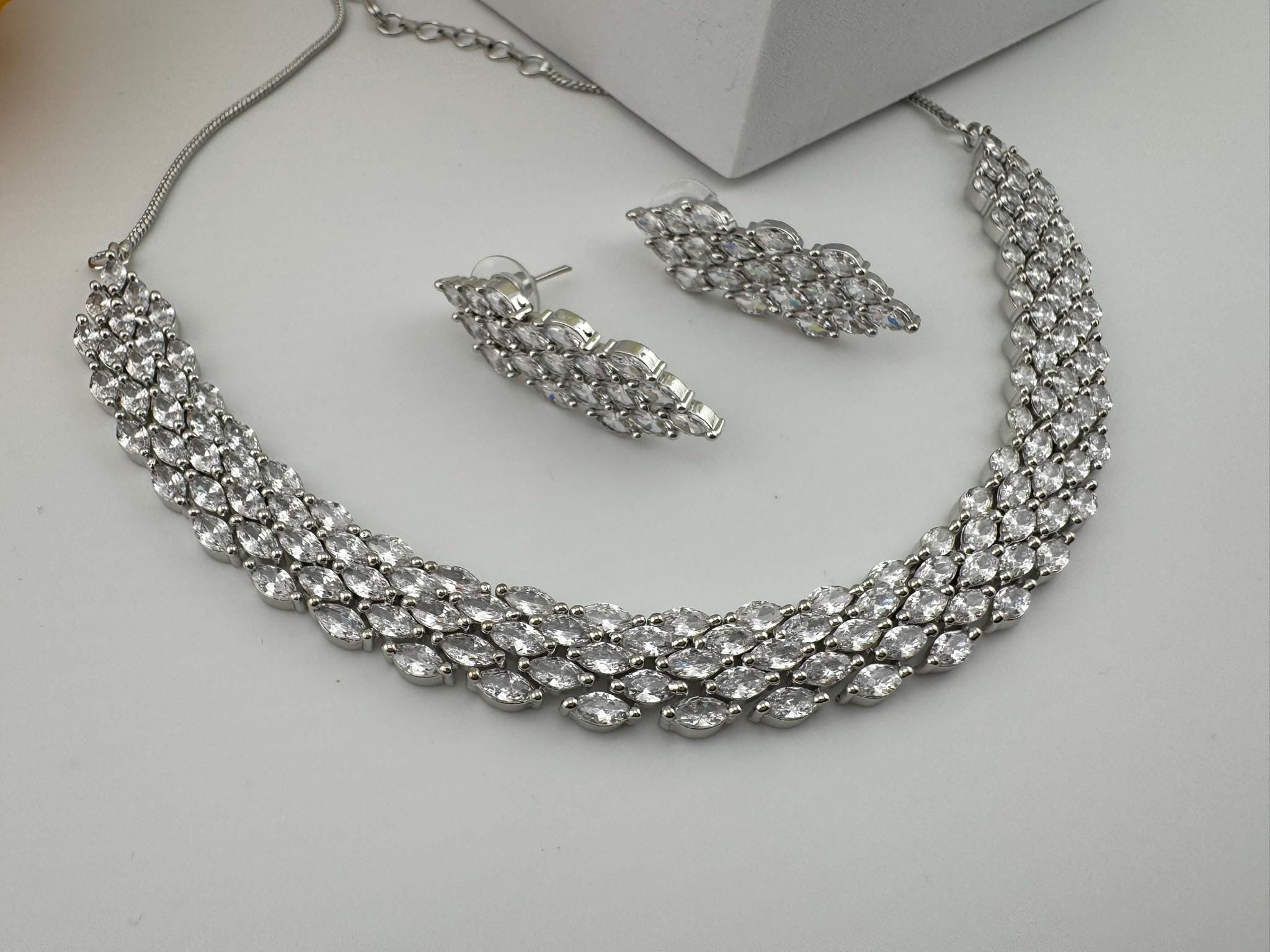 Premium American Diamond, Cubic Zirconia Unique Necklace set with light earring