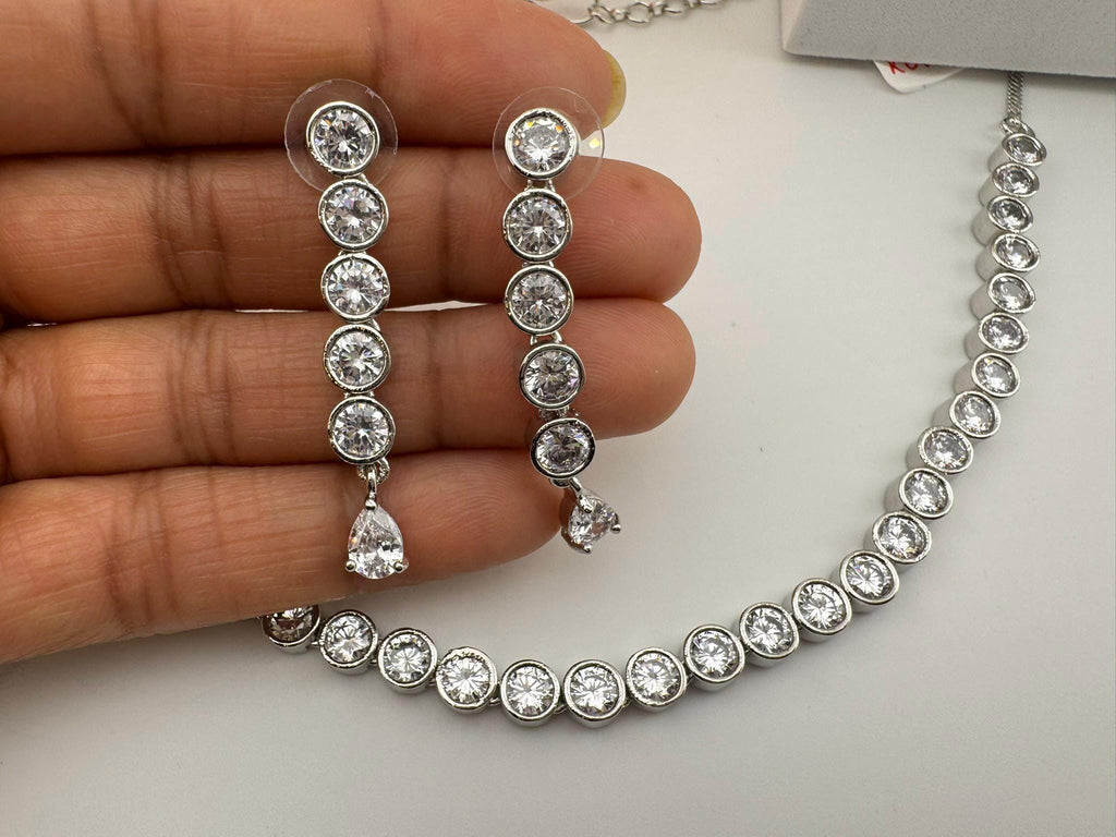 Premium American Diamond, Cubic Zirconia High Shine Sleek Necklace set with long earrings