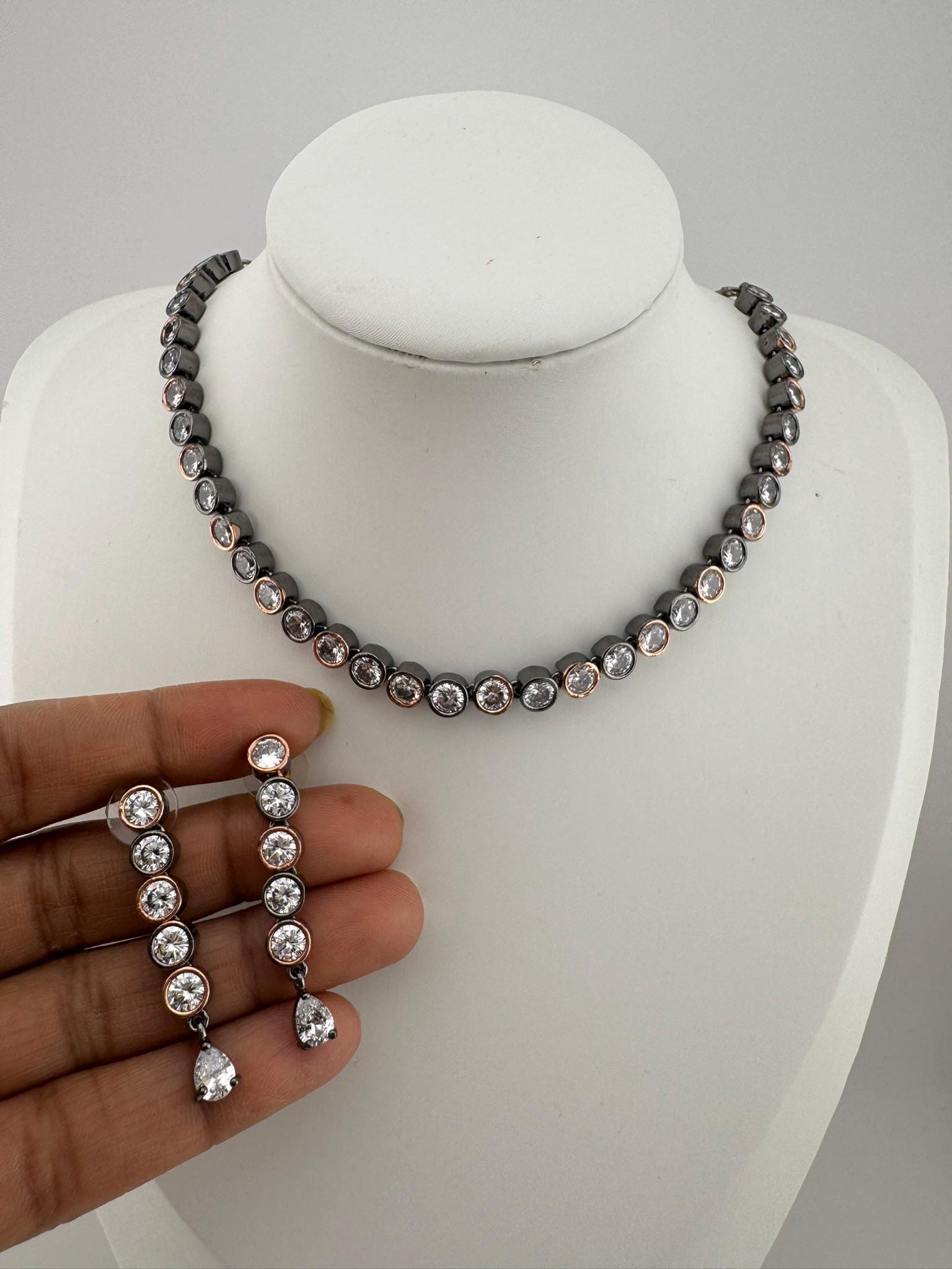 Premium American Diamond, Cubic Zirconia High Shine Sleek Necklace set with long earrings