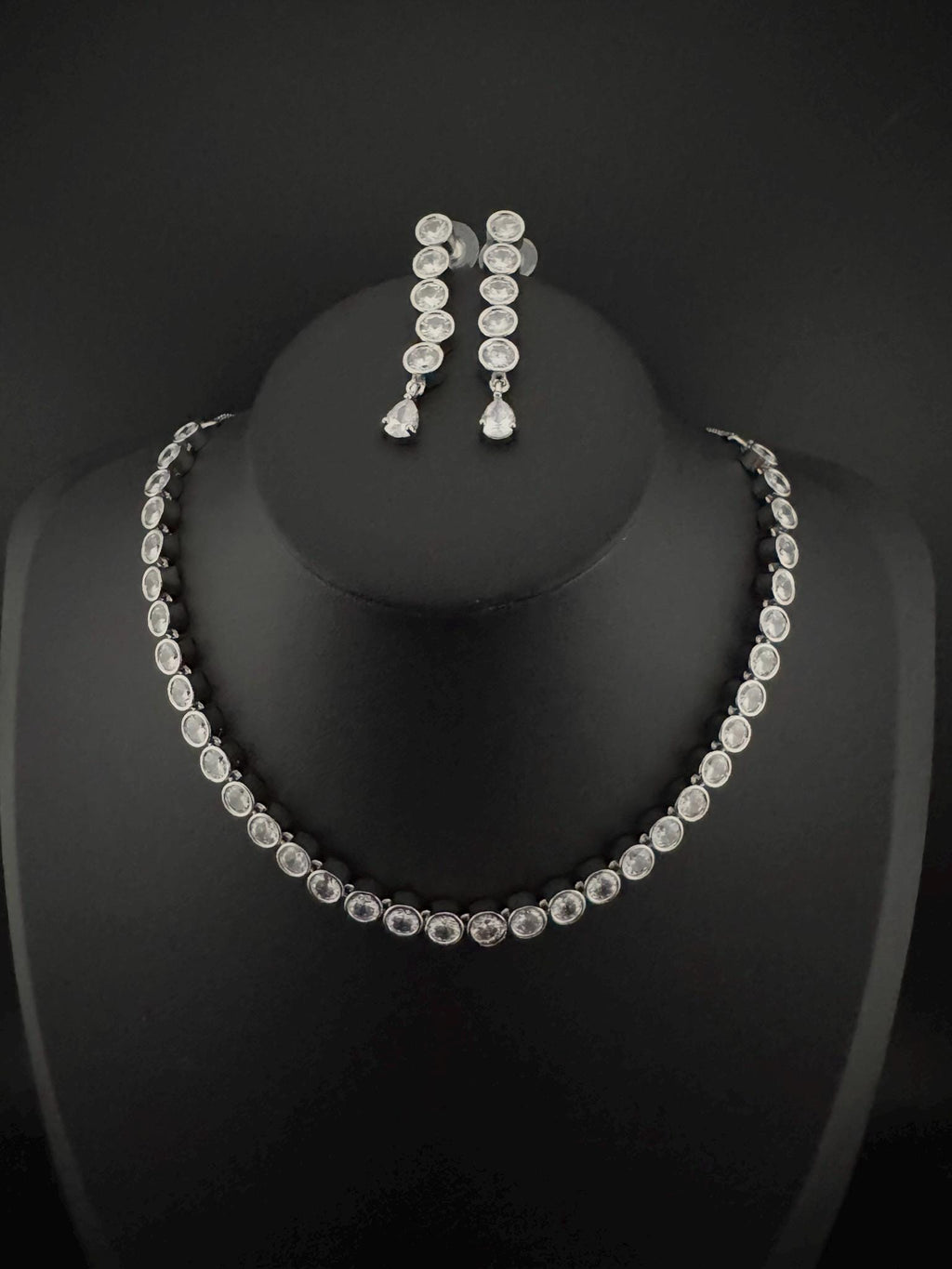 Premium American Diamond, Cubic Zirconia High Shine Sleek Necklace set with long earrings