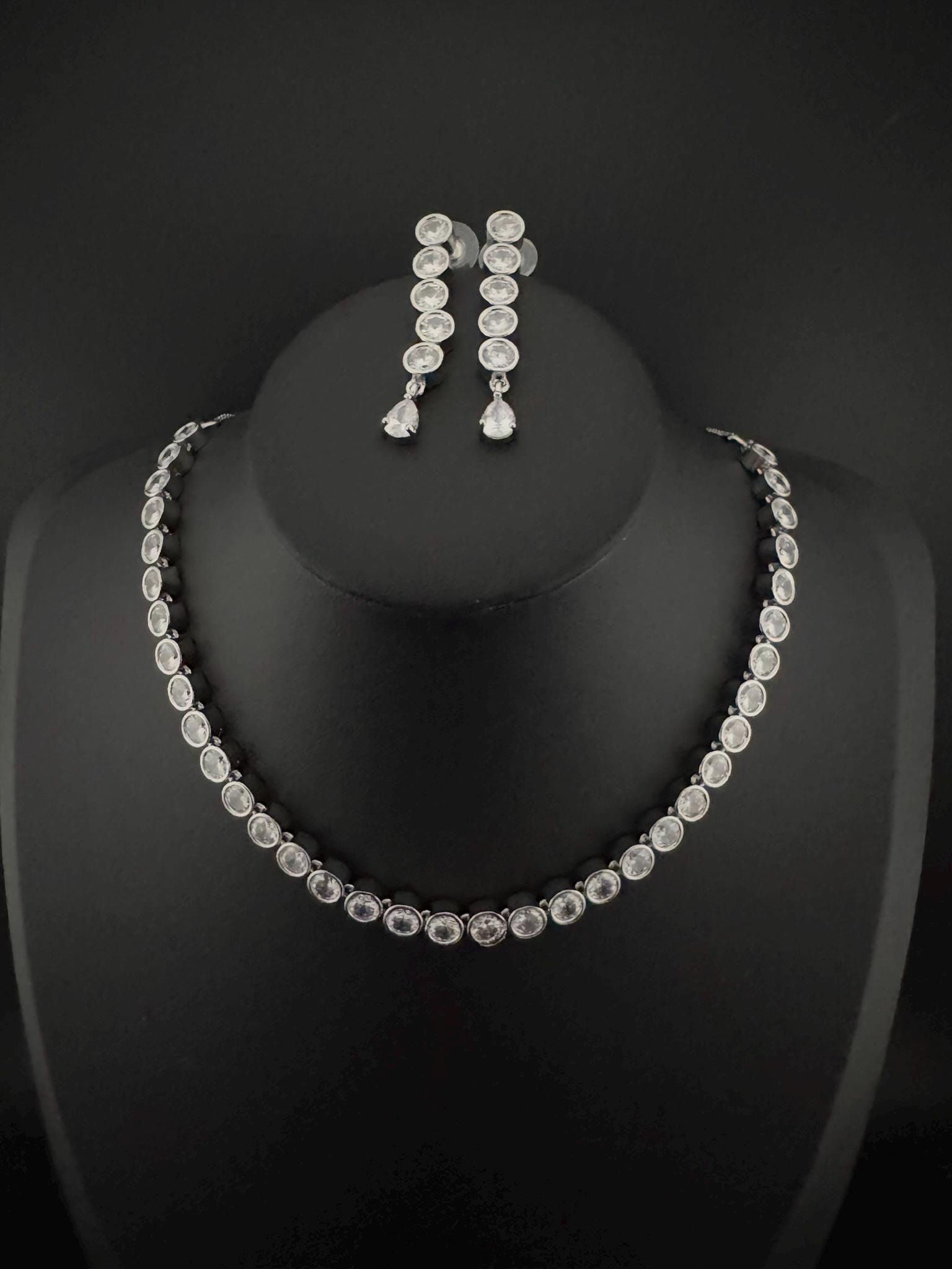 Premium American Diamond, Cubic Zirconia High Shine Sleek Necklace set with long earrings