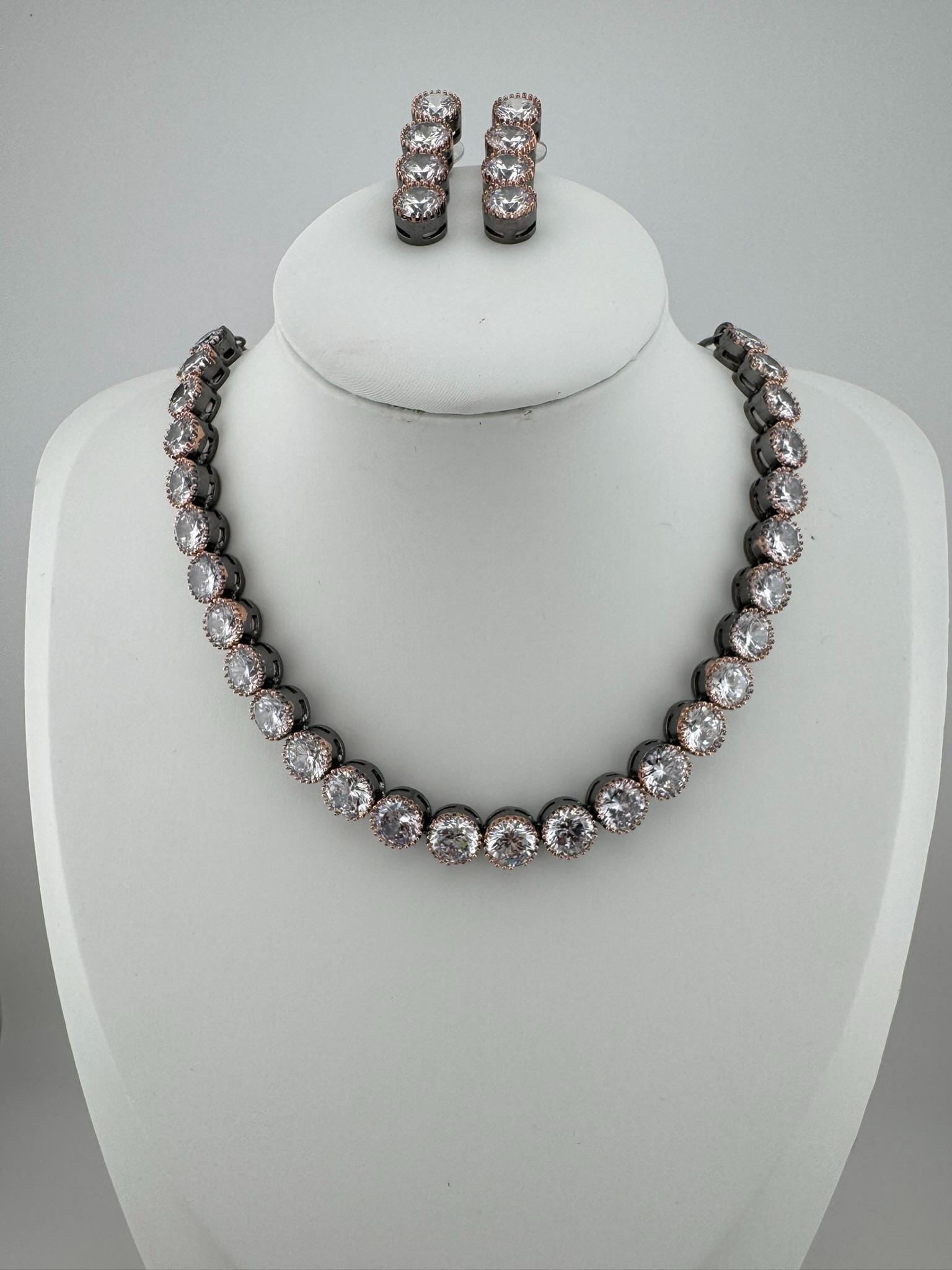 Premium Victorian American Diamond, Cubic Zirconia, Rose Gold, High Shine Sleek Necklace set with long earrings