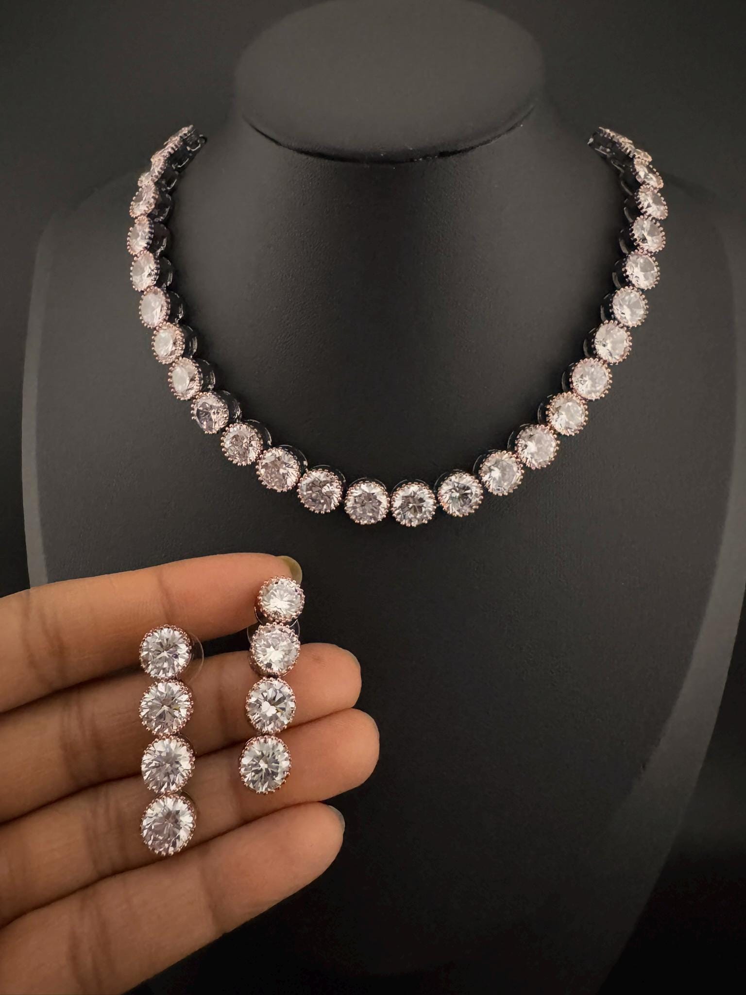 Premium Victorian American Diamond, Cubic Zirconia, Rose Gold, High Shine Sleek Necklace set with long earrings