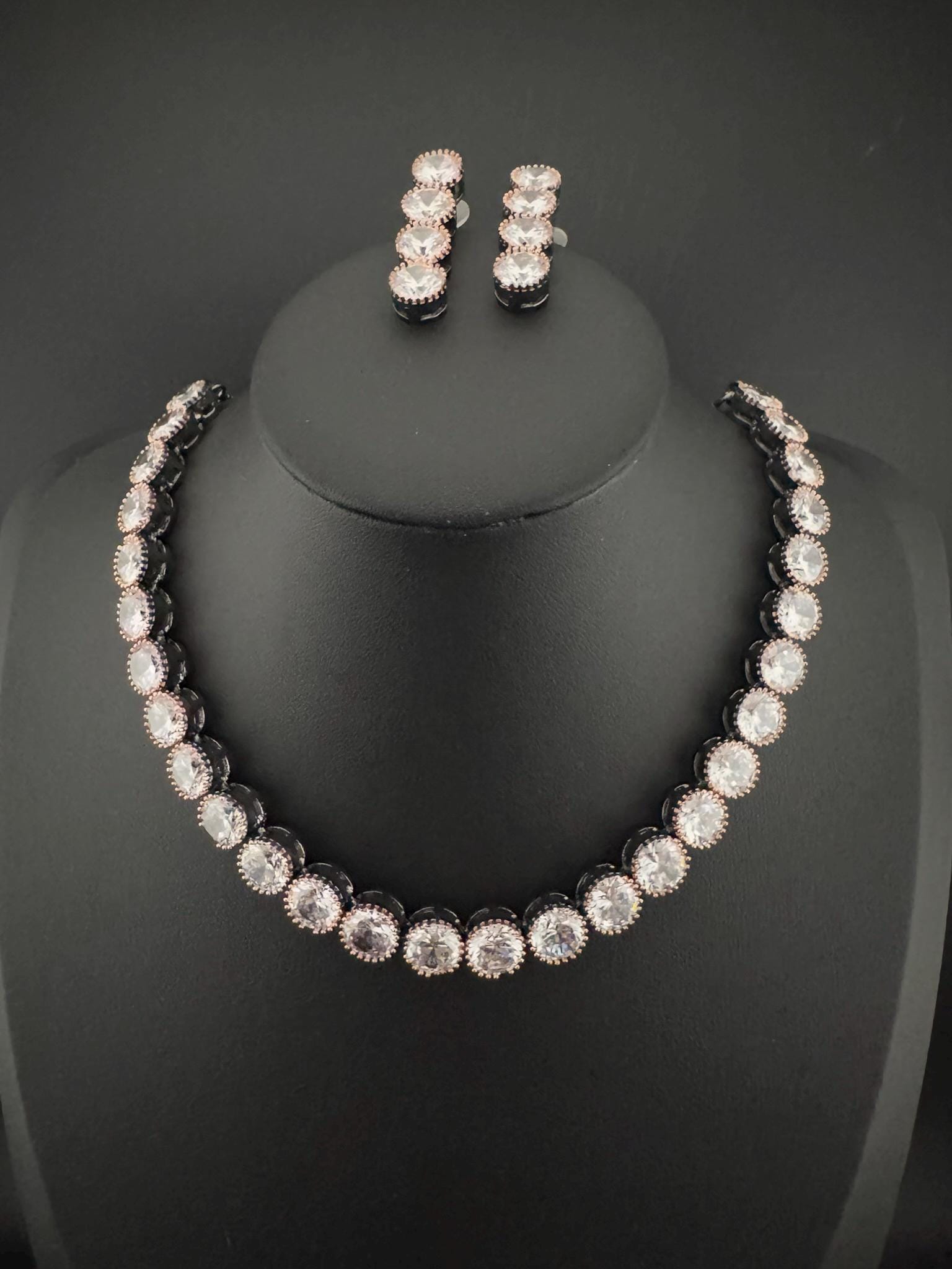 Premium Victorian American Diamond, Cubic Zirconia, Rose Gold, High Shine Sleek Necklace set with long earrings