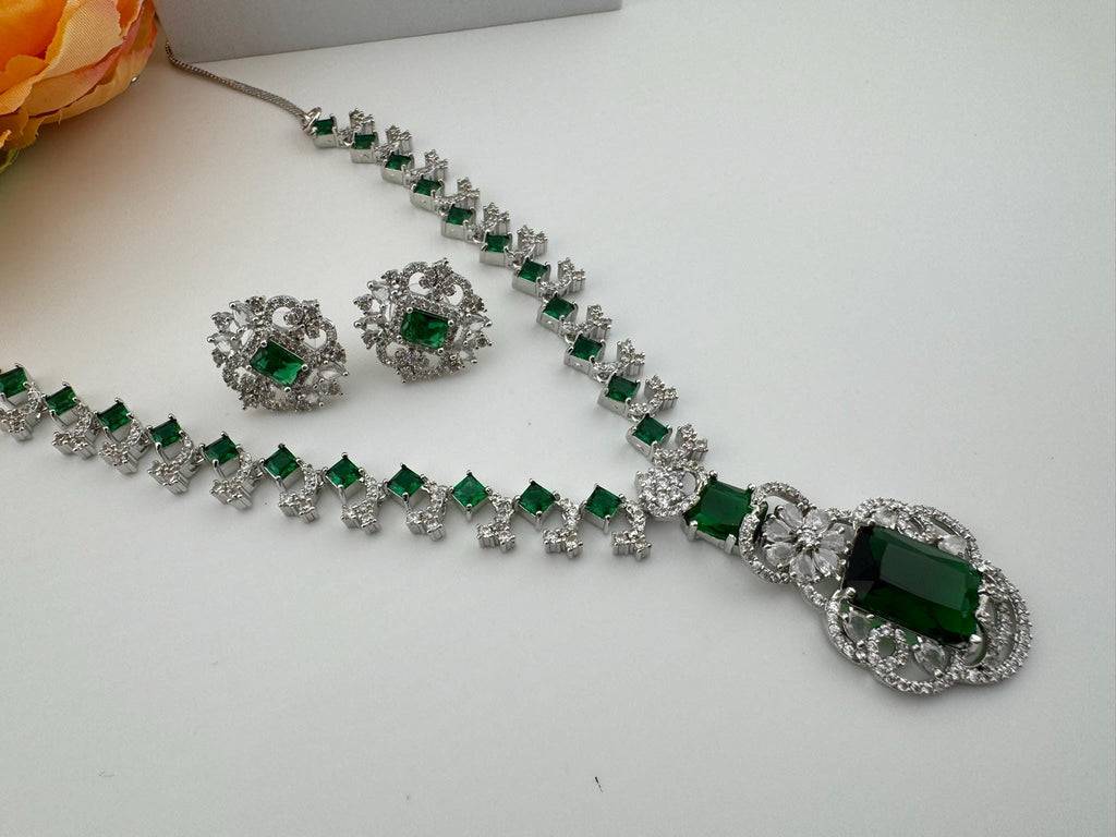 Premium American Diamond, Cubic Zirconia, Silver Polish Green Neeta Ambani Necklace set with studs earring