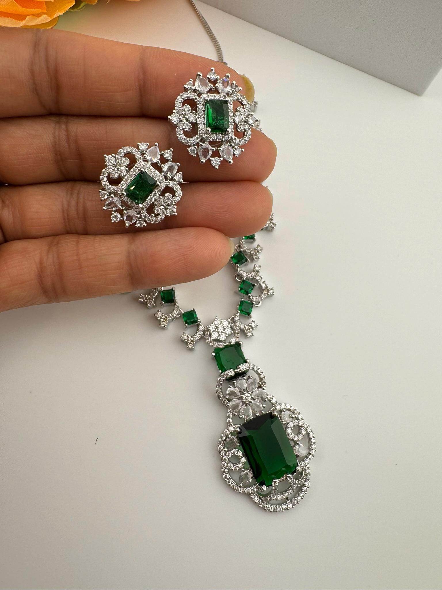 Premium American Diamond, Cubic Zirconia, Silver Polish Green Neeta Ambani Necklace set with studs earring