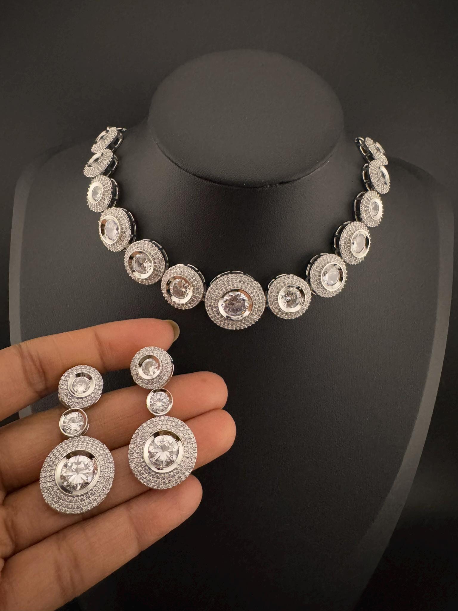 HQ Premium Big American Diamond(Cubic Zirconia), Silver Polish, High Shine Sleek Necklace set with long earring/Bridesmaids/Bridal jewelry