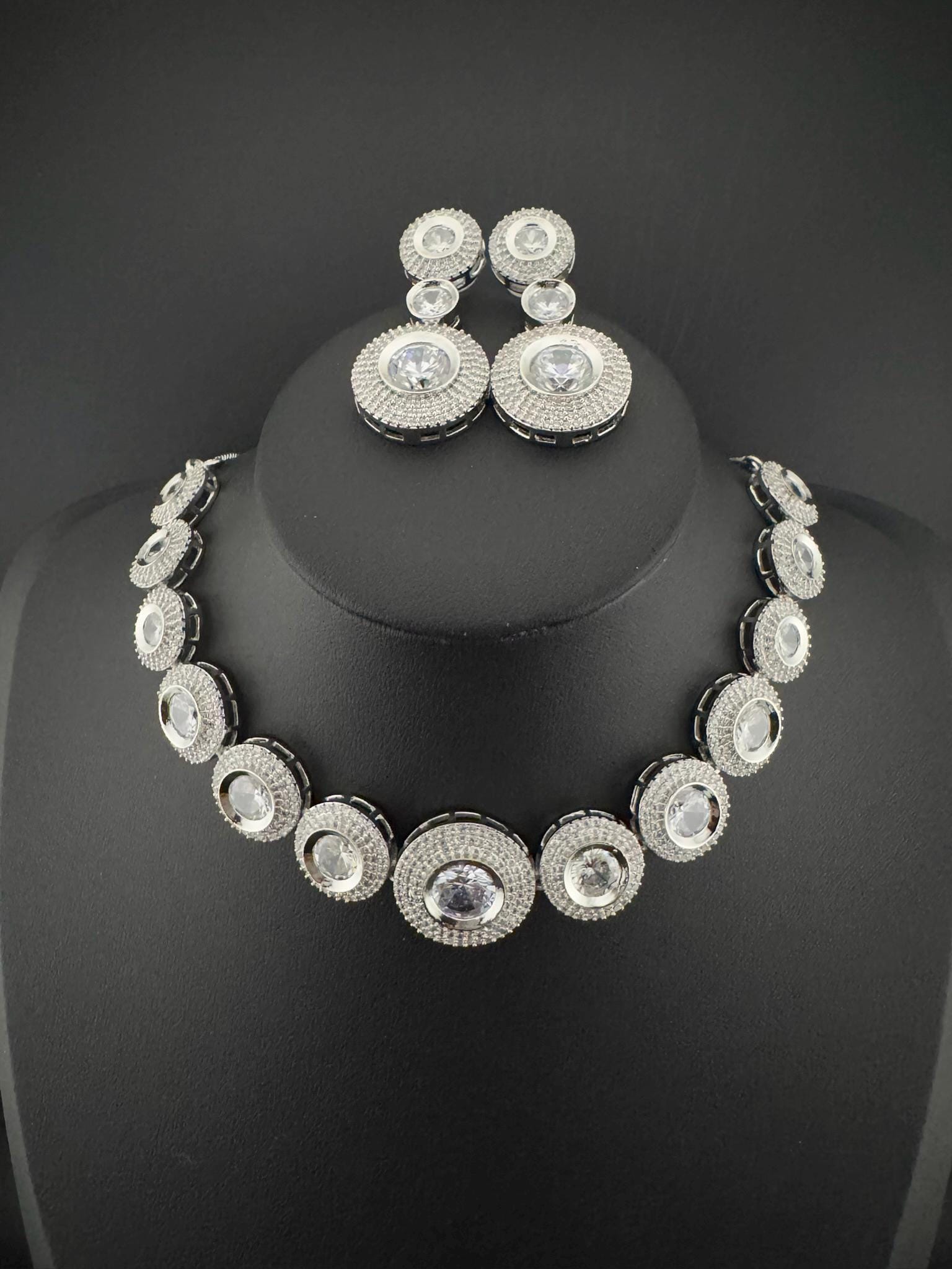 HQ Premium Big American Diamond(Cubic Zirconia), Silver Polish, High Shine Sleek Necklace set with long earring/Bridesmaids/Bridal jewelry