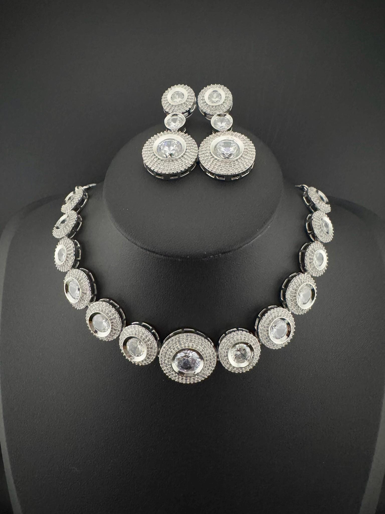 Premium American Diamond, Cubic Zirconia, Silver Polish, High Shine Sleek Necklace set with long earrings