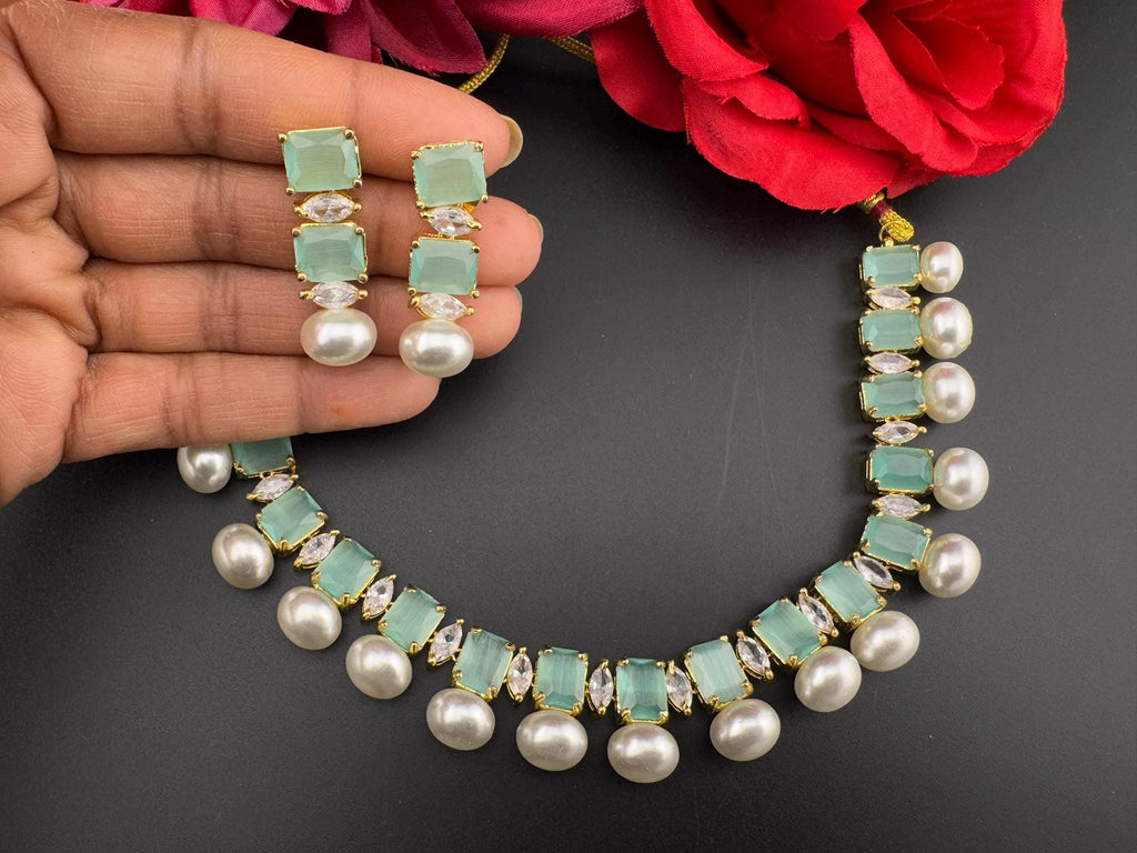 Premium American Diamond, Cubic Zirconia, Stones, Gold Plated, Pearls Necklace set with earrings