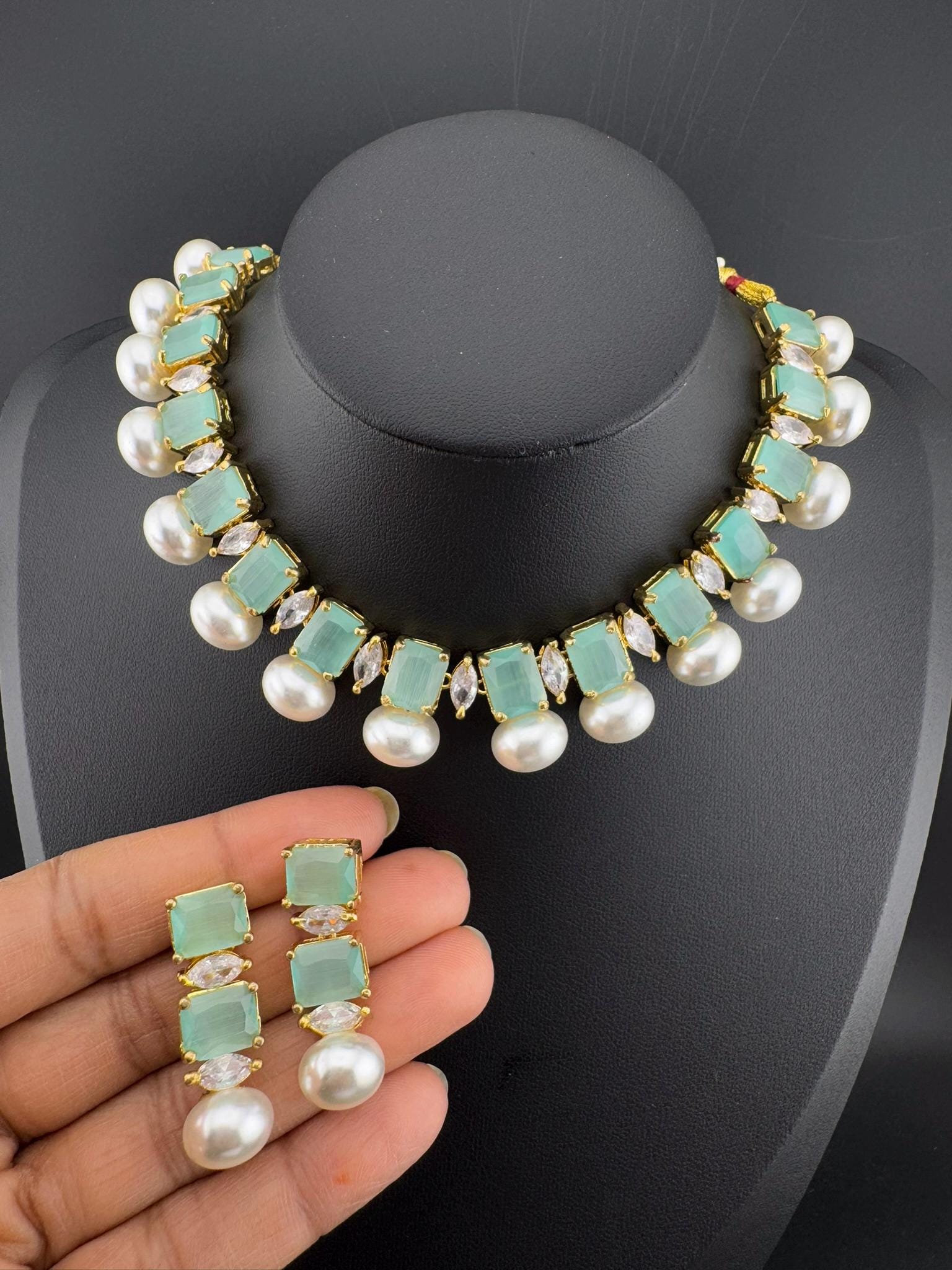 Premium American Diamond, Cubic Zirconia, Stones, Gold Plated, Pearls Necklace set with earrings