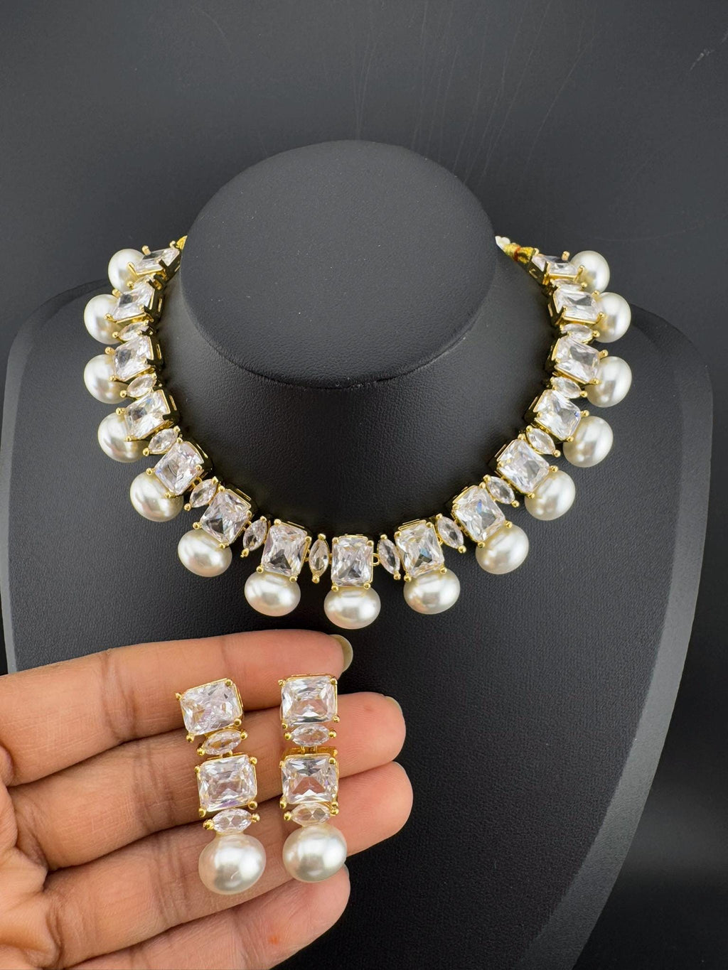 Premium American Diamond, Cubic Zirconia, Stones, Gold Plated, Pearls Necklace set with earrings