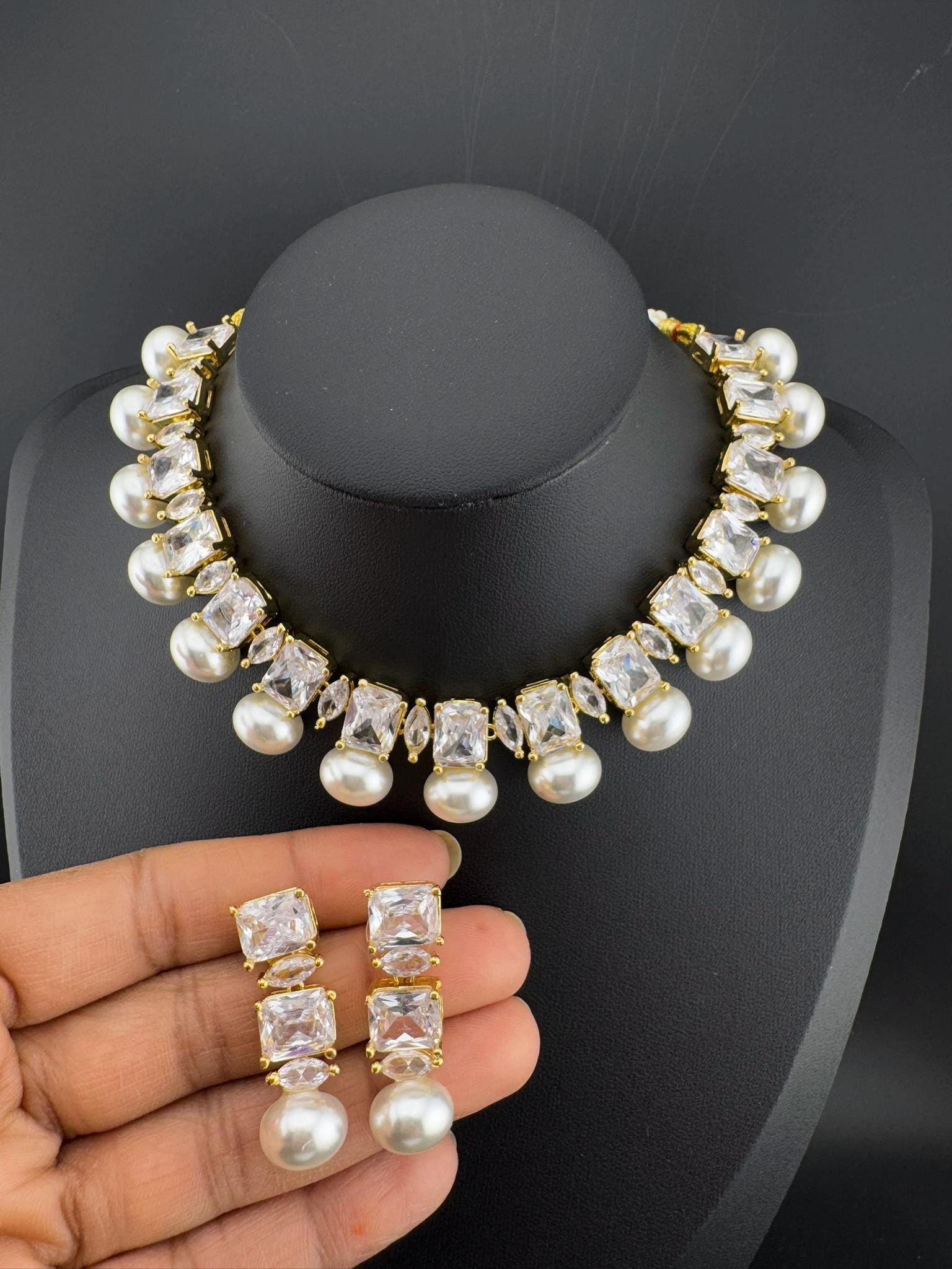 Premium American Diamond, Cubic Zirconia, Stones, Gold Plated, Pearls Necklace set with earrings