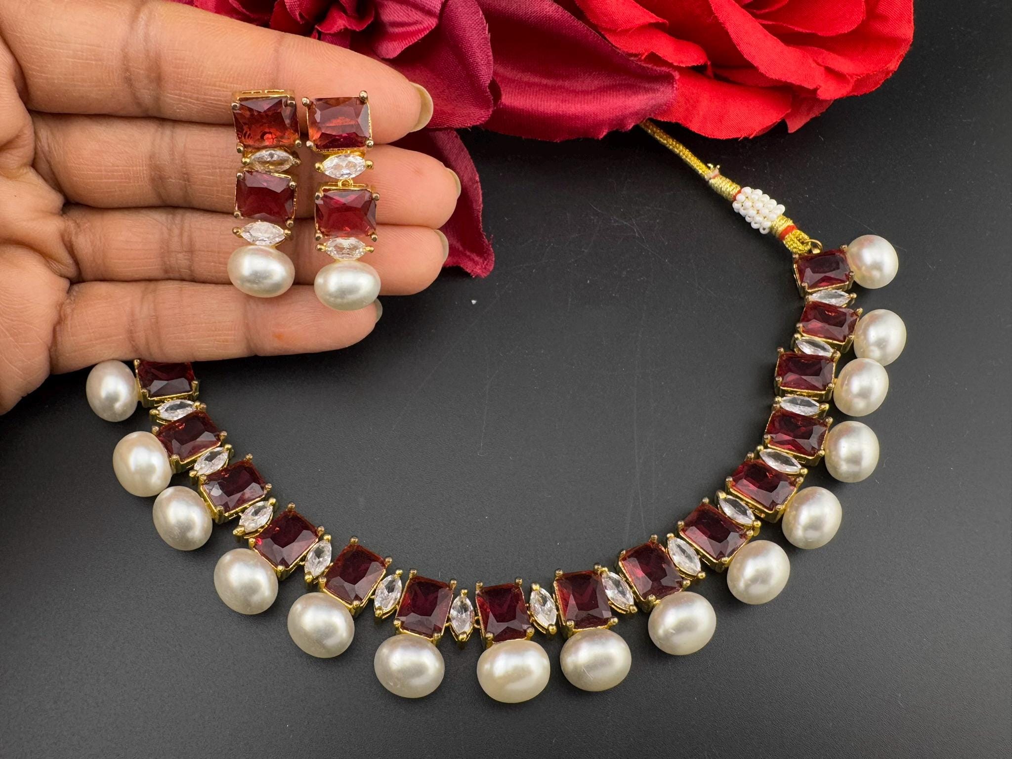 Premium American Diamond, Cubic Zirconia, Stones, Gold Plated, Pearls Necklace set with earrings