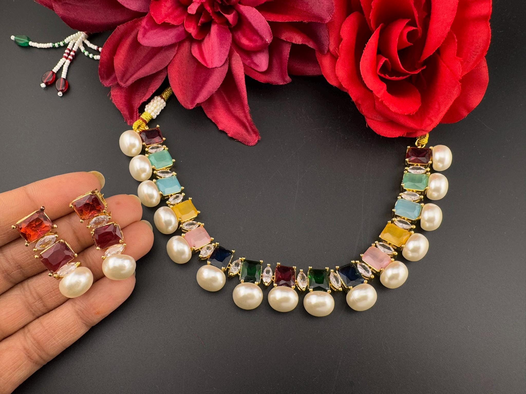 Premium American Diamond, Cubic Zirconia, Stones, Gold Plated, Pearls Necklace set with earrings