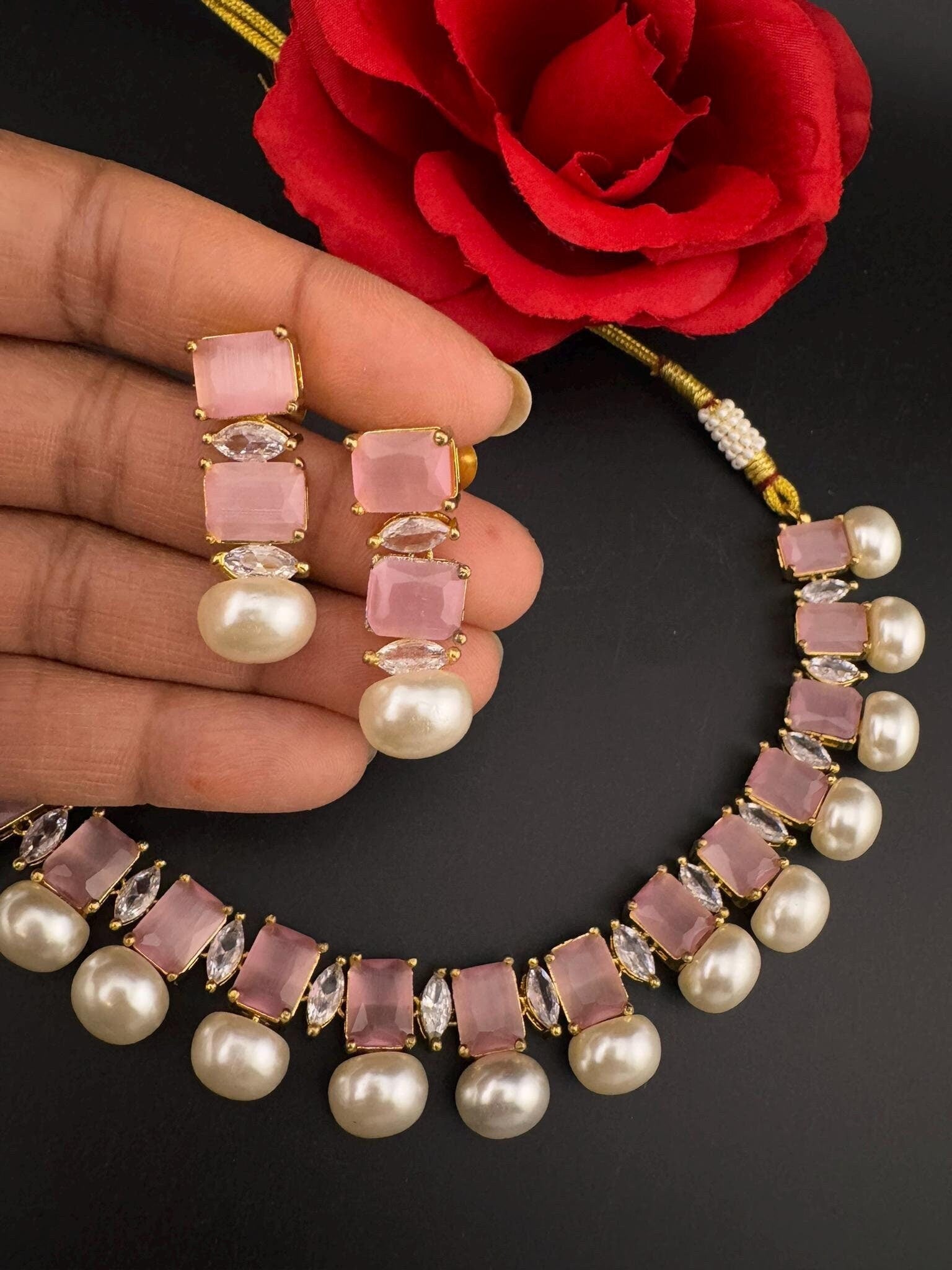 Premium American Diamond, Cubic Zirconia, Stones, Gold Plated, Pearls Necklace set with earrings