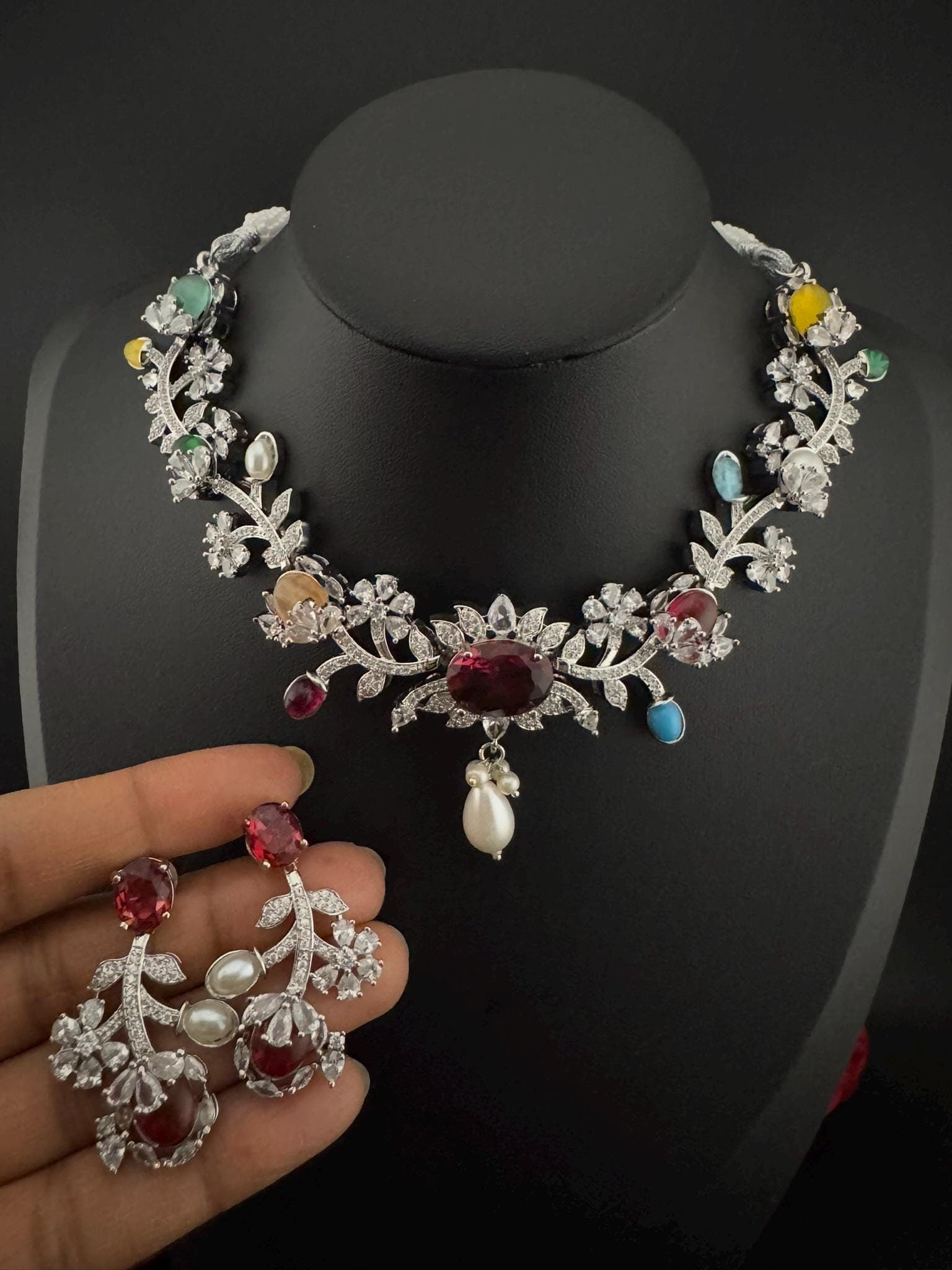 Red Premium American Diamond, Cubic Zirconia, Stones and Pearls Floral Necklace with earrings