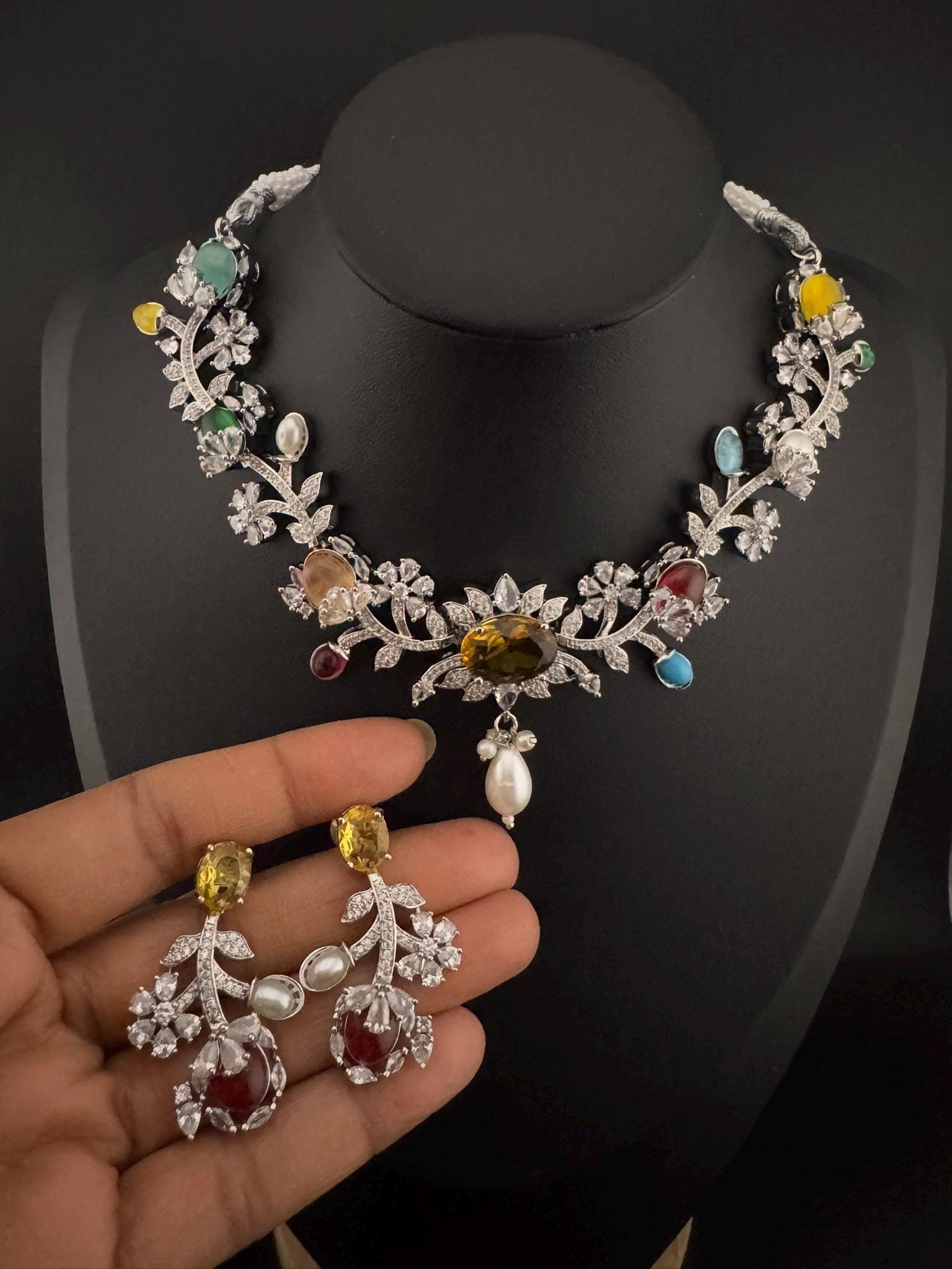 Yellow Premium American Diamond, Cubic Zirconia, Stones and Pearls Floral Necklace with earrings