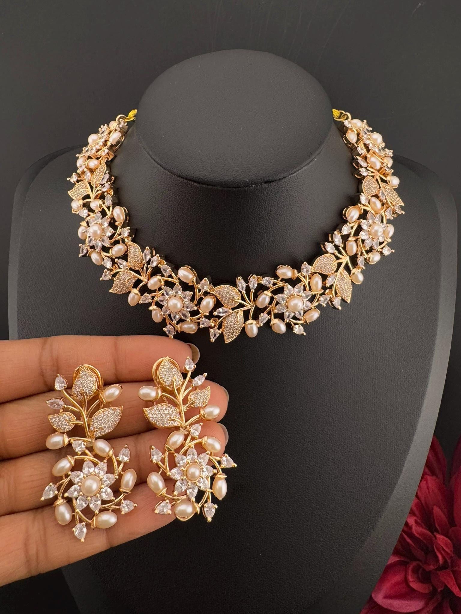 Premium American Diamond, Cubic Zirconia Floral Necklace with Long earrings