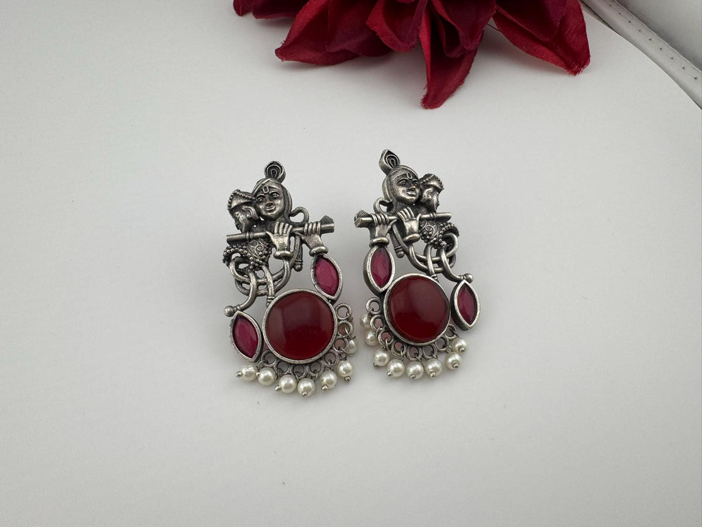 Silver Polish Oxidized German Silver Radhe Krishna Earrings with stones and Pearls