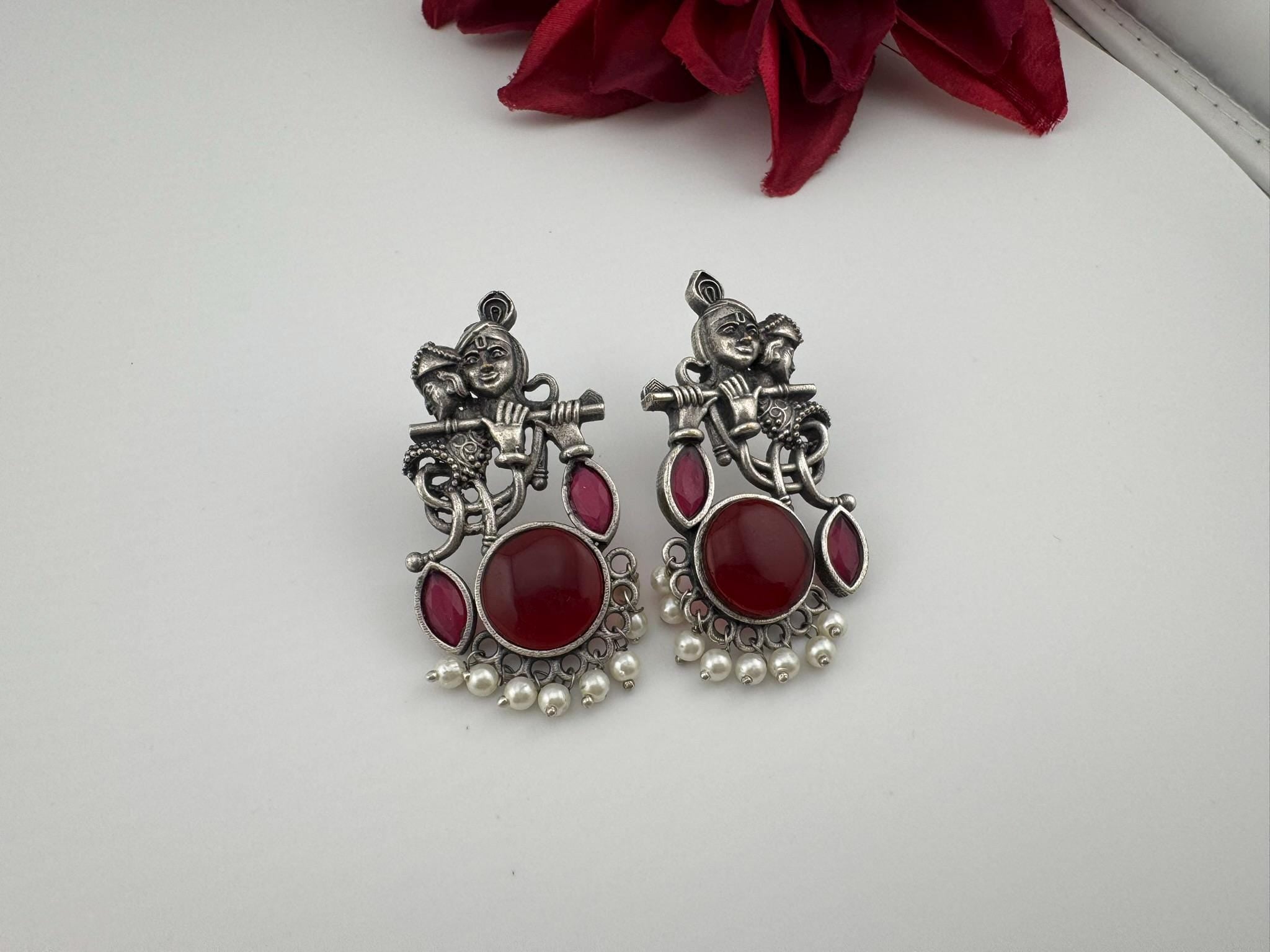 Silver Polish Oxidized German Silver Radhe Krishna Earrings with stones and Pearls