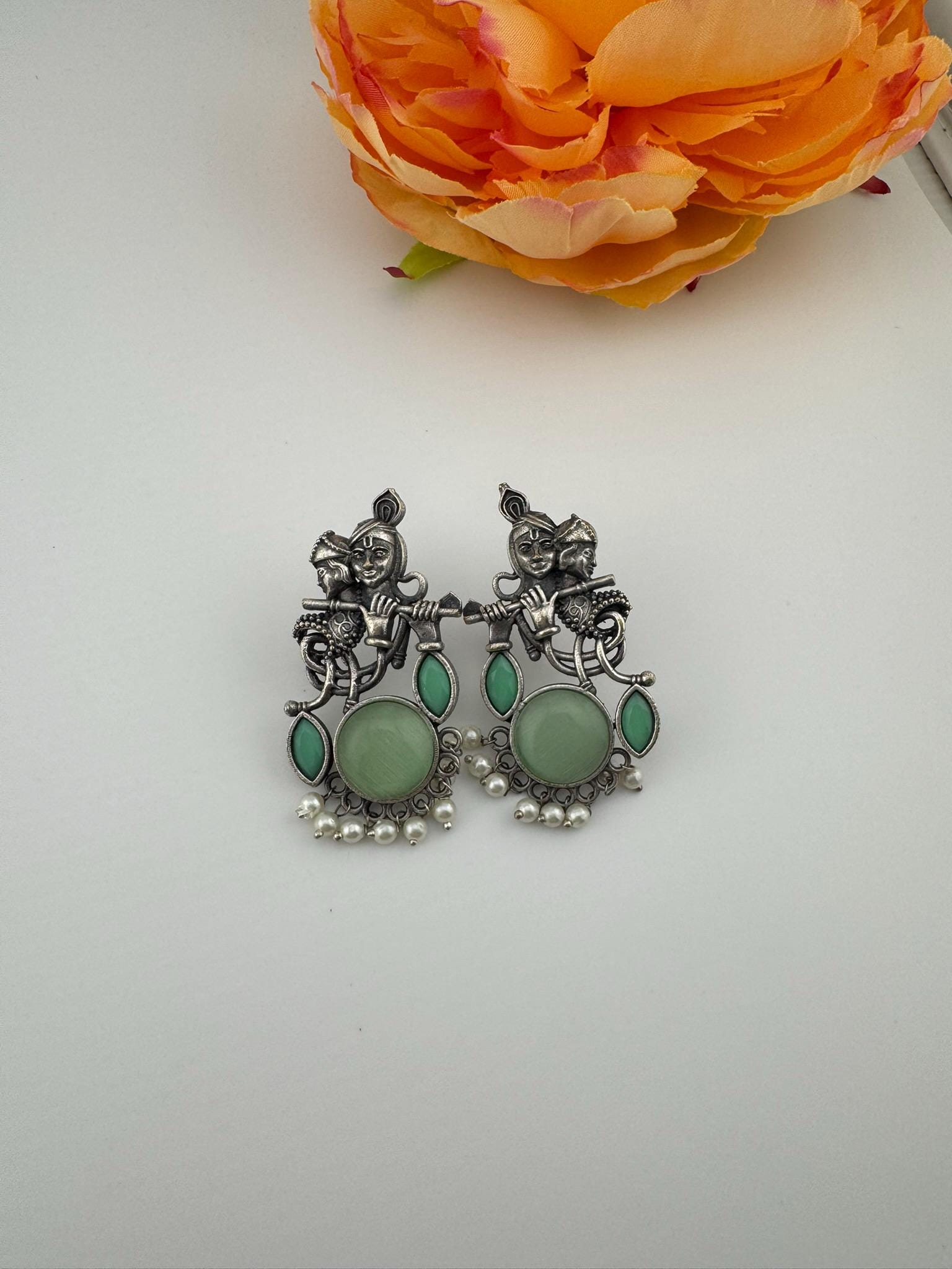 Silver Polish Oxidized German Silver Radhe Krishna Earrings with stones and Pearls