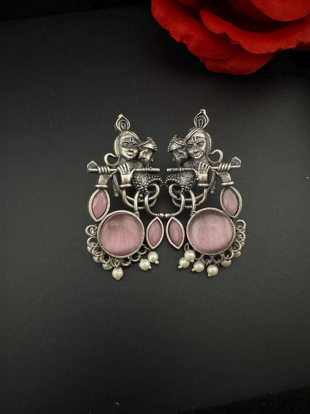 Silver Polish Oxidized German Silver Radhe Krishna Earrings with stones and Pearls