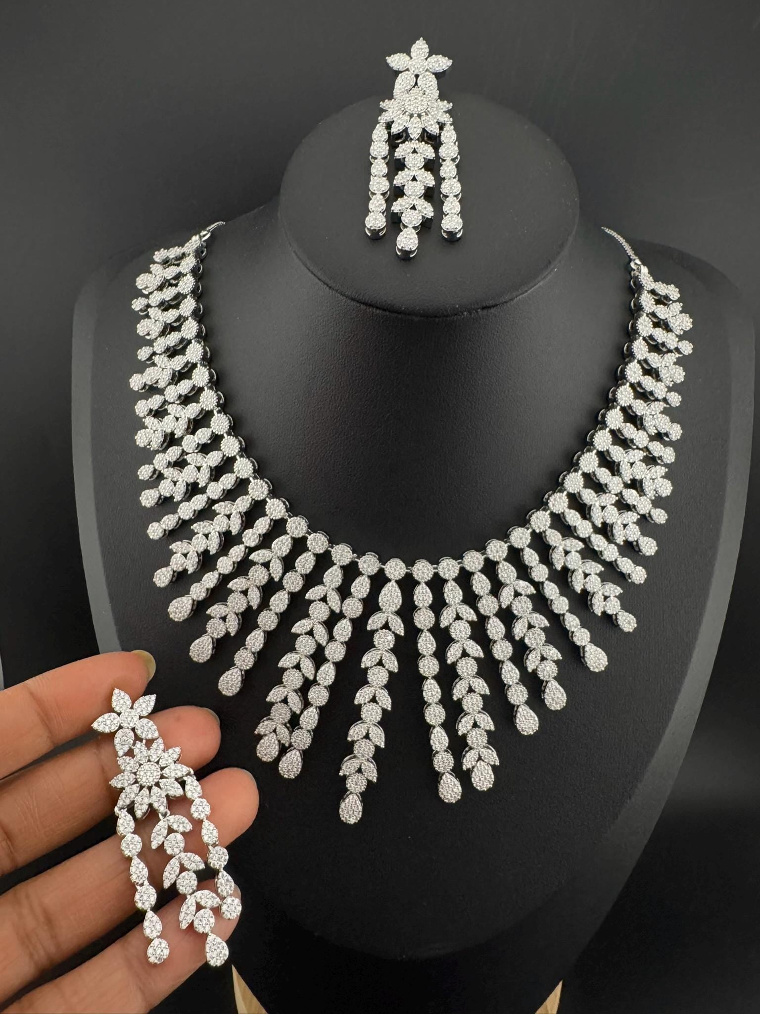 Premium American Diamond, Cubic Zirconia Bridal Collar Necklace with long earrings