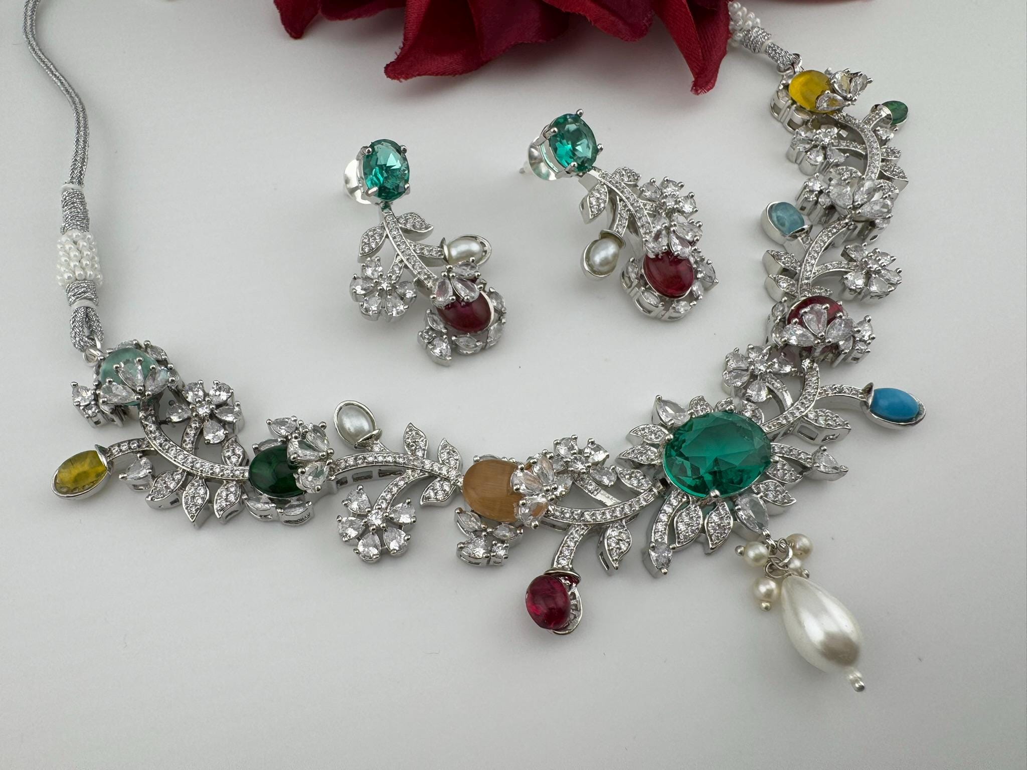 Rama Green Premium American Diamond, Cubic Zirconia, stones and pearls Floral Necklace with earrings