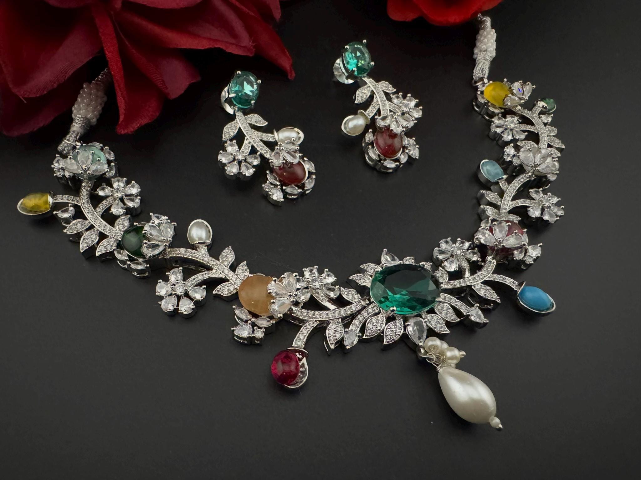 Rama Green Premium American Diamond, Cubic Zirconia, stones and pearls Floral Necklace with earrings