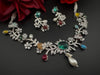 Rama Green Premium American Diamond, Cubic Zirconia, stones and pearls Floral Necklace with earrings