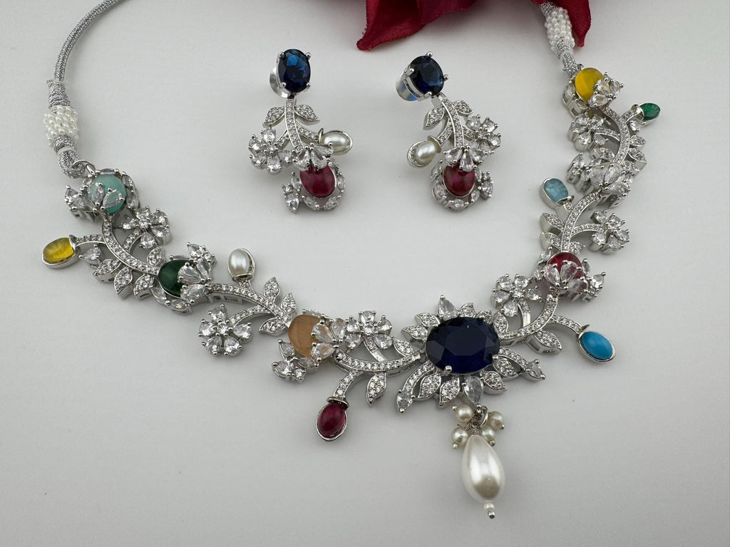 Blue Premium American Diamond, Cubic Zirconia, stones and pearls Floral Necklace with earrings
