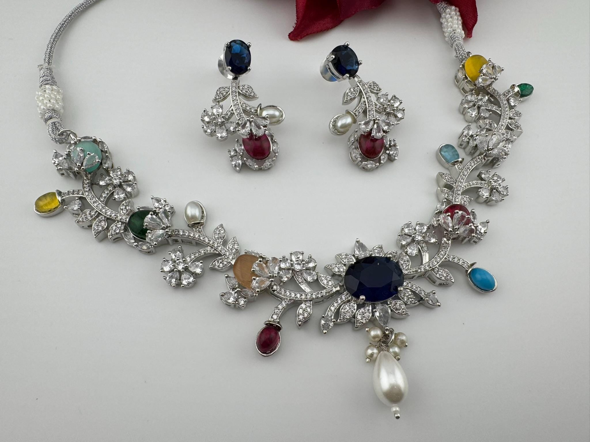 Blue Premium American Diamond, Cubic Zirconia, stones and pearls Floral Necklace with earrings