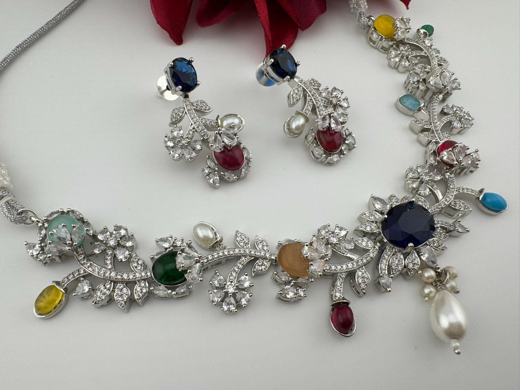 Blue Premium American Diamond, Cubic Zirconia, stones and pearls Floral Necklace with earrings