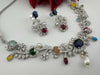 Blue Premium American Diamond, Cubic Zirconia, stones and pearls Floral Necklace with earrings