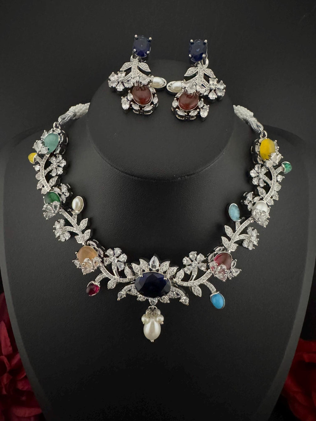 Blue Premium American Diamond, Cubic Zirconia, stones and pearls Floral Necklace with earrings