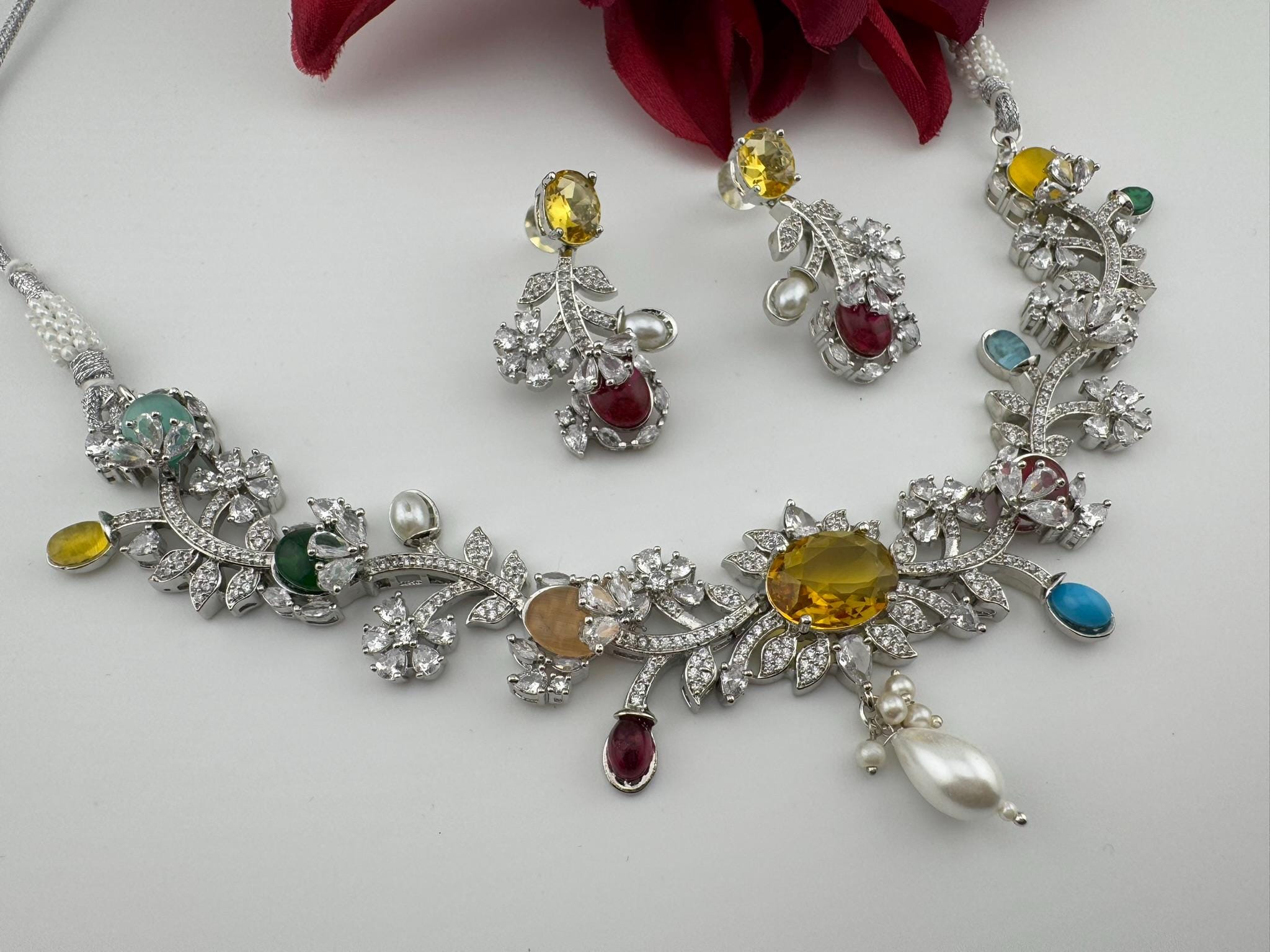 Yellow Premium American Diamond, Cubic Zirconia, Stones and Pearls Floral Necklace with earrings