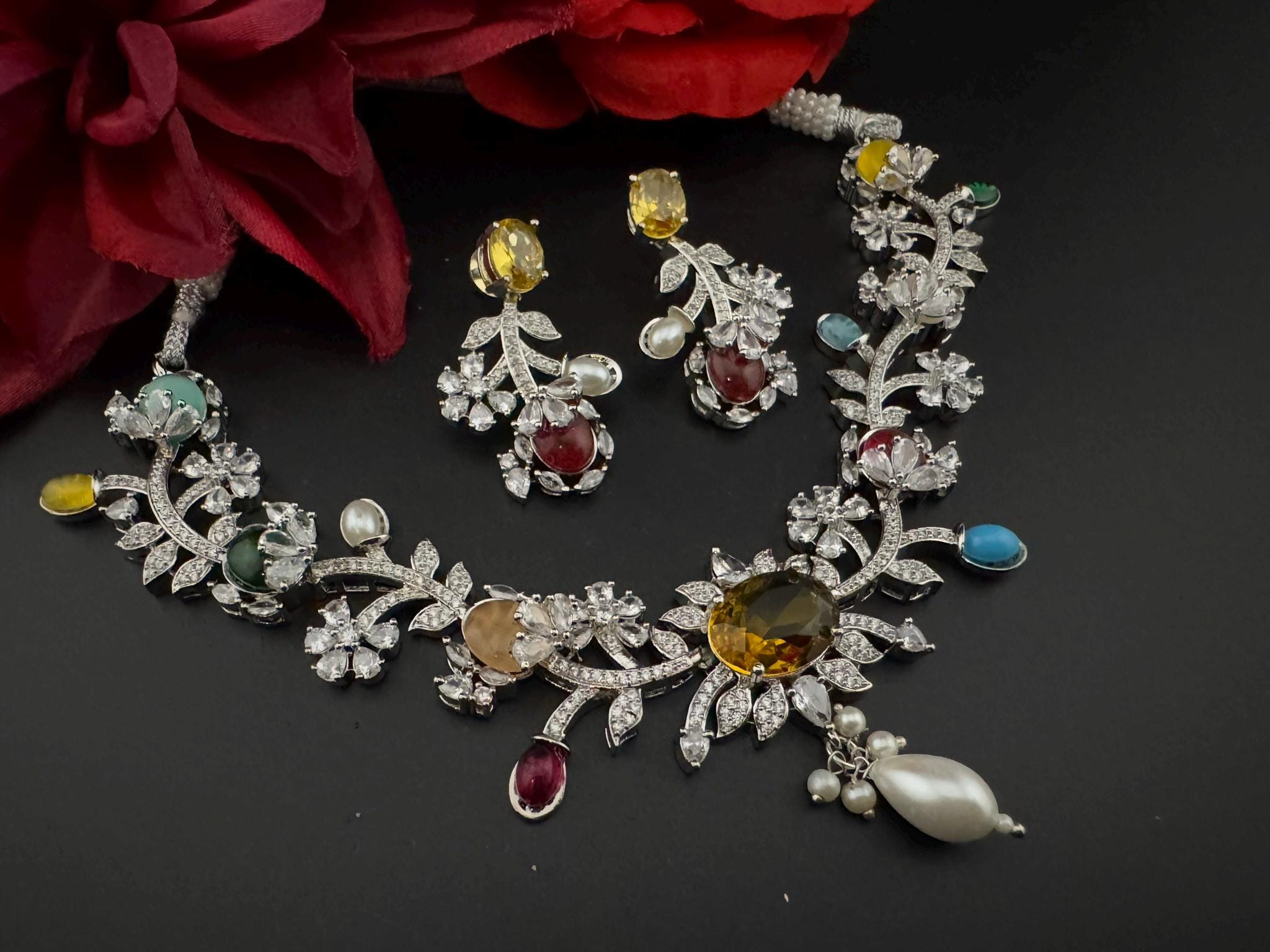 Yellow Premium American Diamond, Cubic Zirconia, Stones and Pearls Floral Necklace with earrings