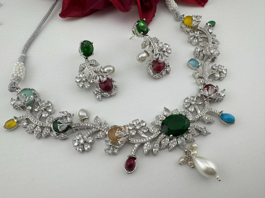 Green Premium American Diamond, Cubic Zirconia, Stones and Pearls Floral Necklace with earrings