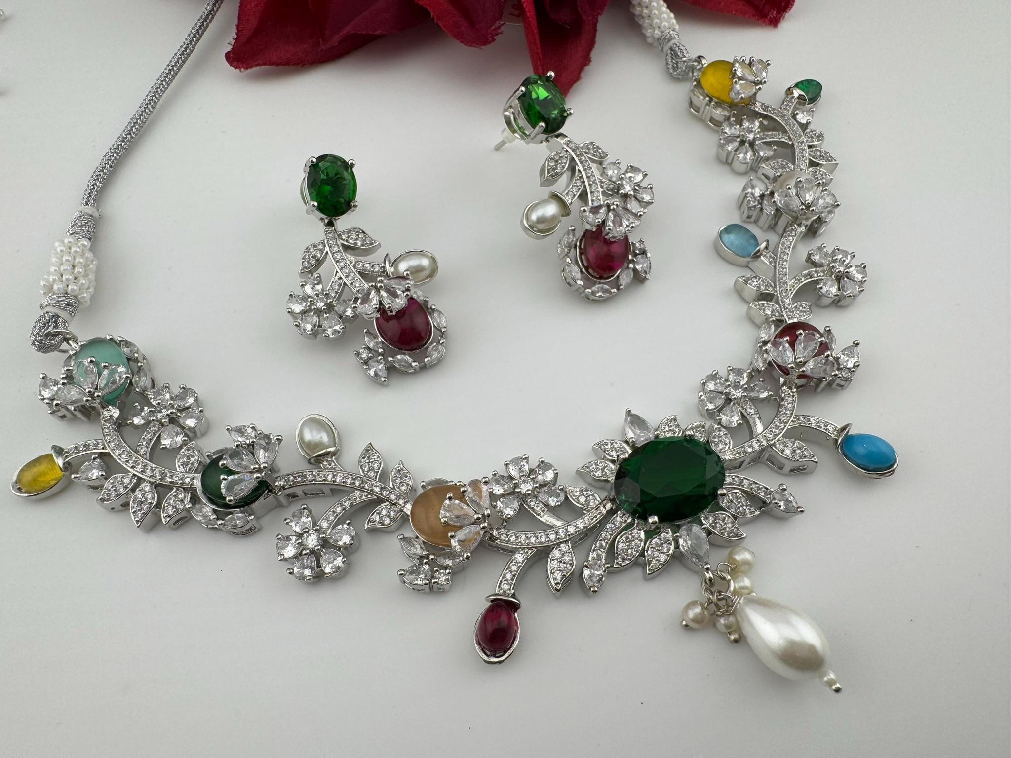 Green Premium American Diamond, Cubic Zirconia, Stones and Pearls Floral Necklace with earrings