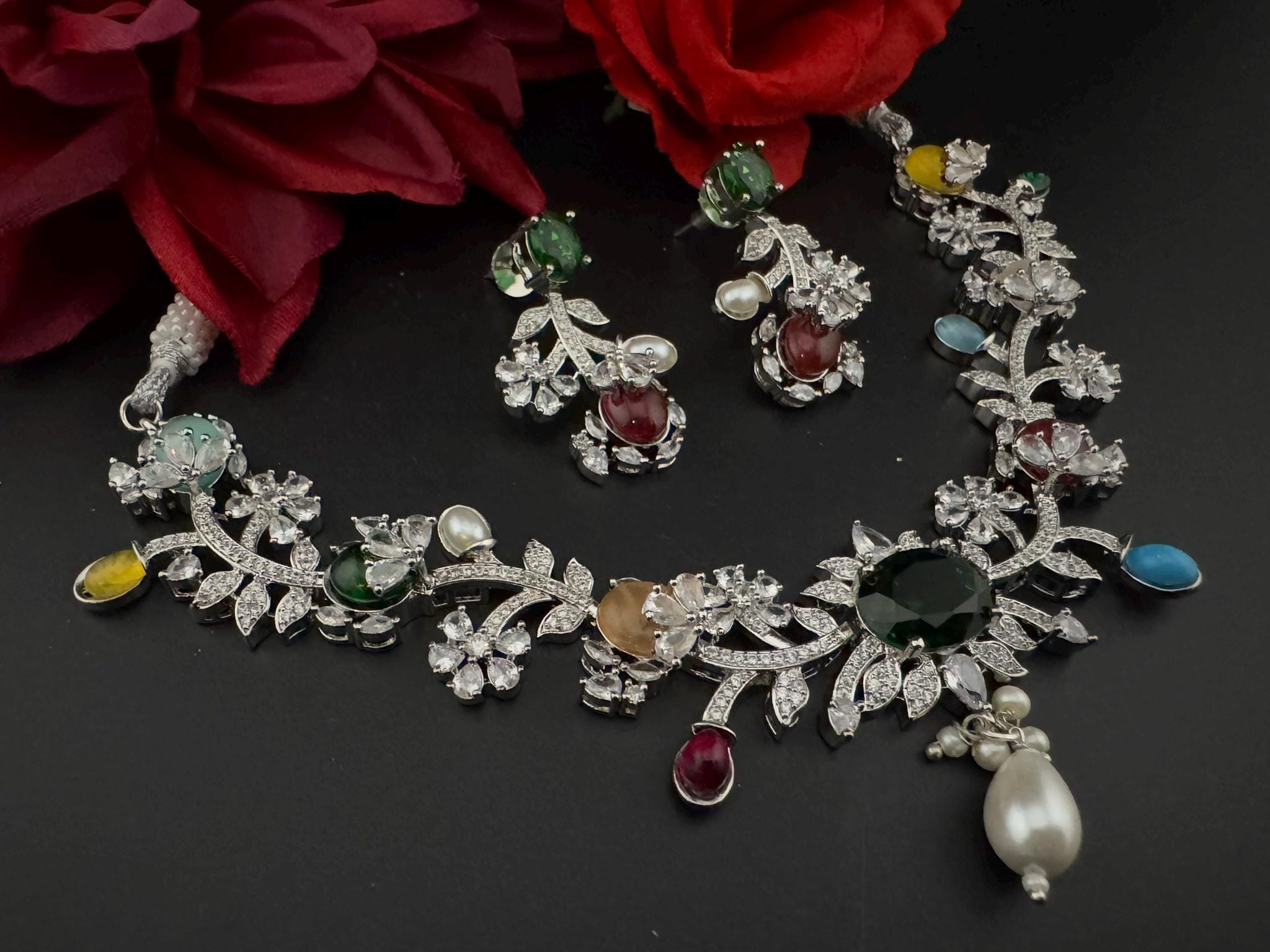 Green Premium American Diamond, Cubic Zirconia, Stones and Pearls Floral Necklace with earrings