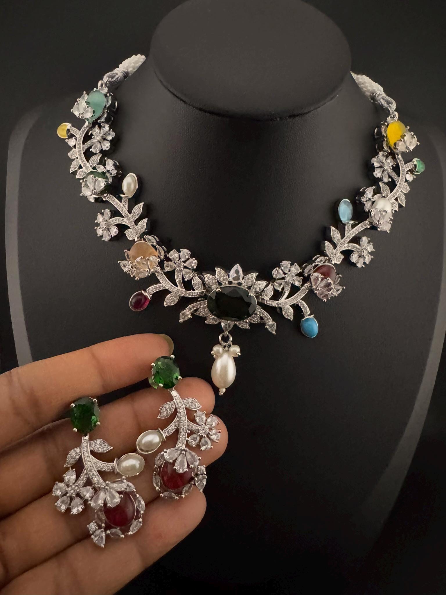 Green Premium American Diamond, Cubic Zirconia, Stones and Pearls Floral Necklace with earrings