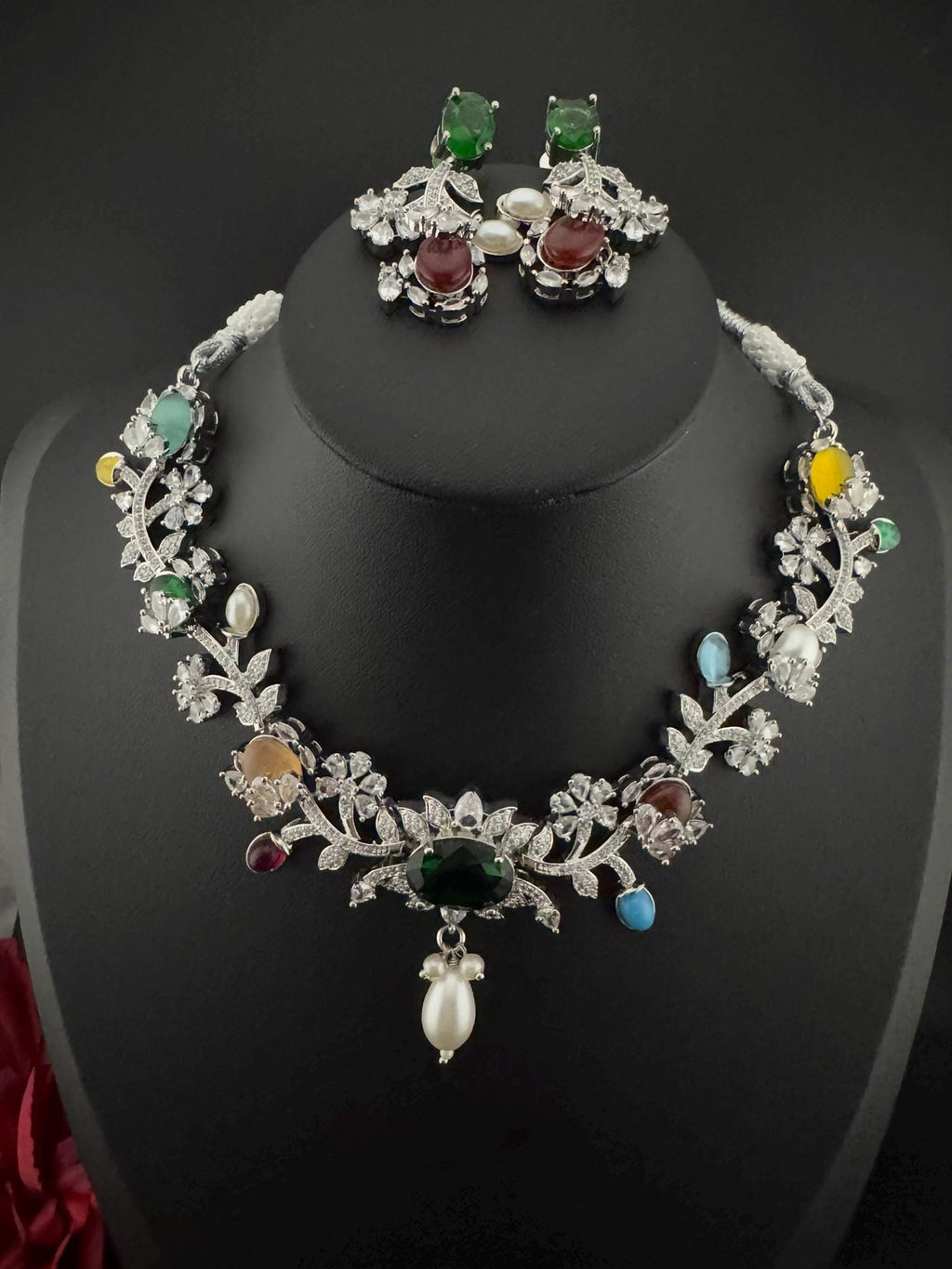 Green Premium American Diamond, Cubic Zirconia, Stones and Pearls Floral Necklace with earrings