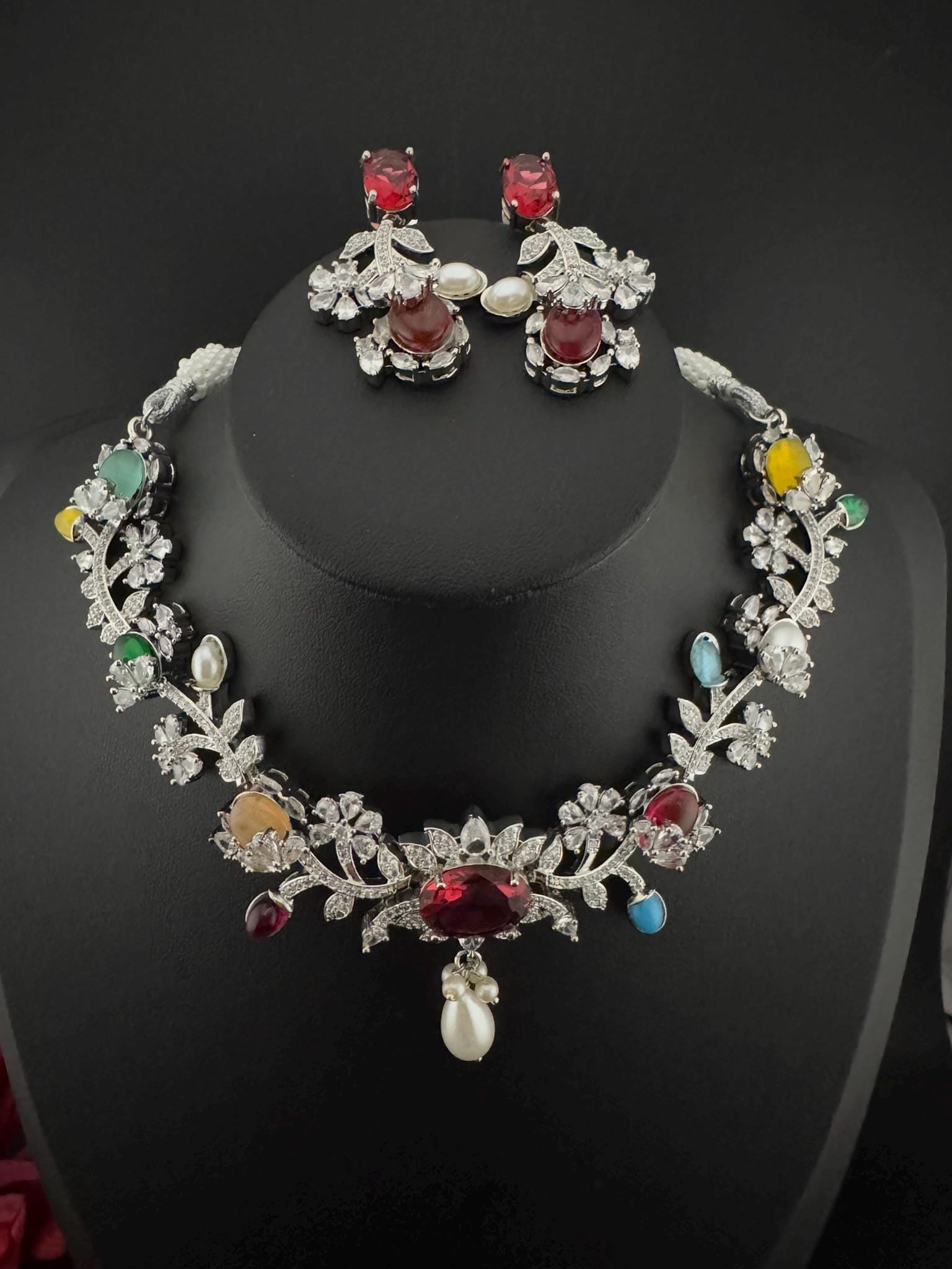 Red Premium American Diamond, Cubic Zirconia, Stones and Pearls Floral Necklace with earrings
