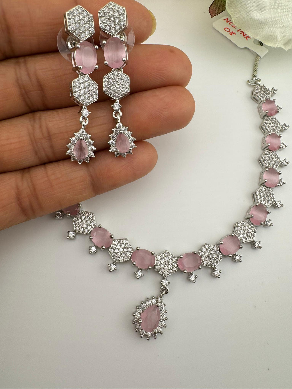 Premium Silver Polish American Diamond, Cubic Zirconia, glass stone Sleek Necklace set with long earrings